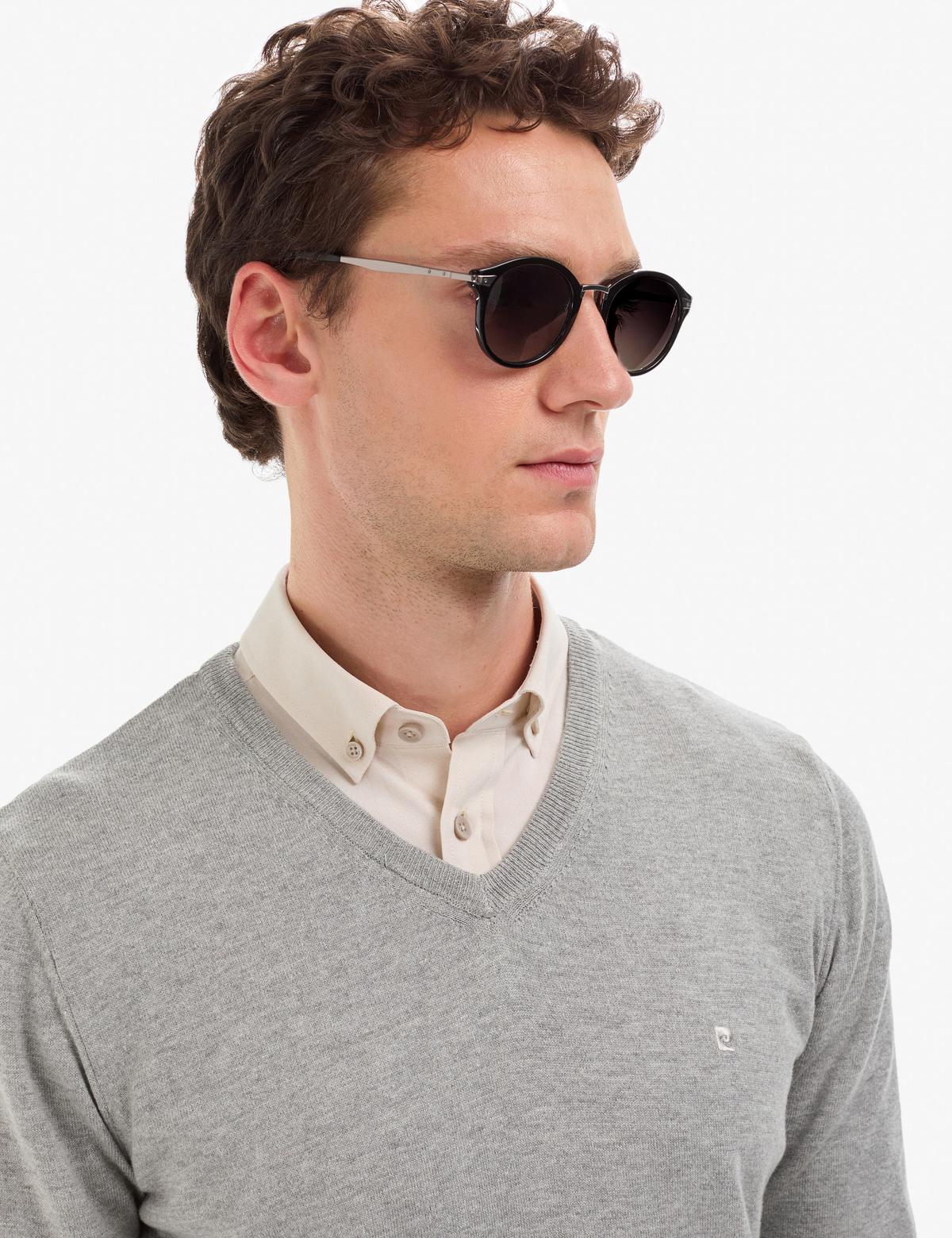 Açık Gri Melanj Slim Fit V Yaka Basic Triko Kazak - 50314190128