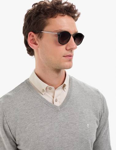 Açık Gri Melanj Slim Fit V Yaka Basic Triko Kazak