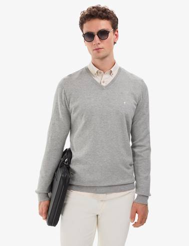Açık Gri Melanj Slim Fit V Yaka Basic Triko Kazak