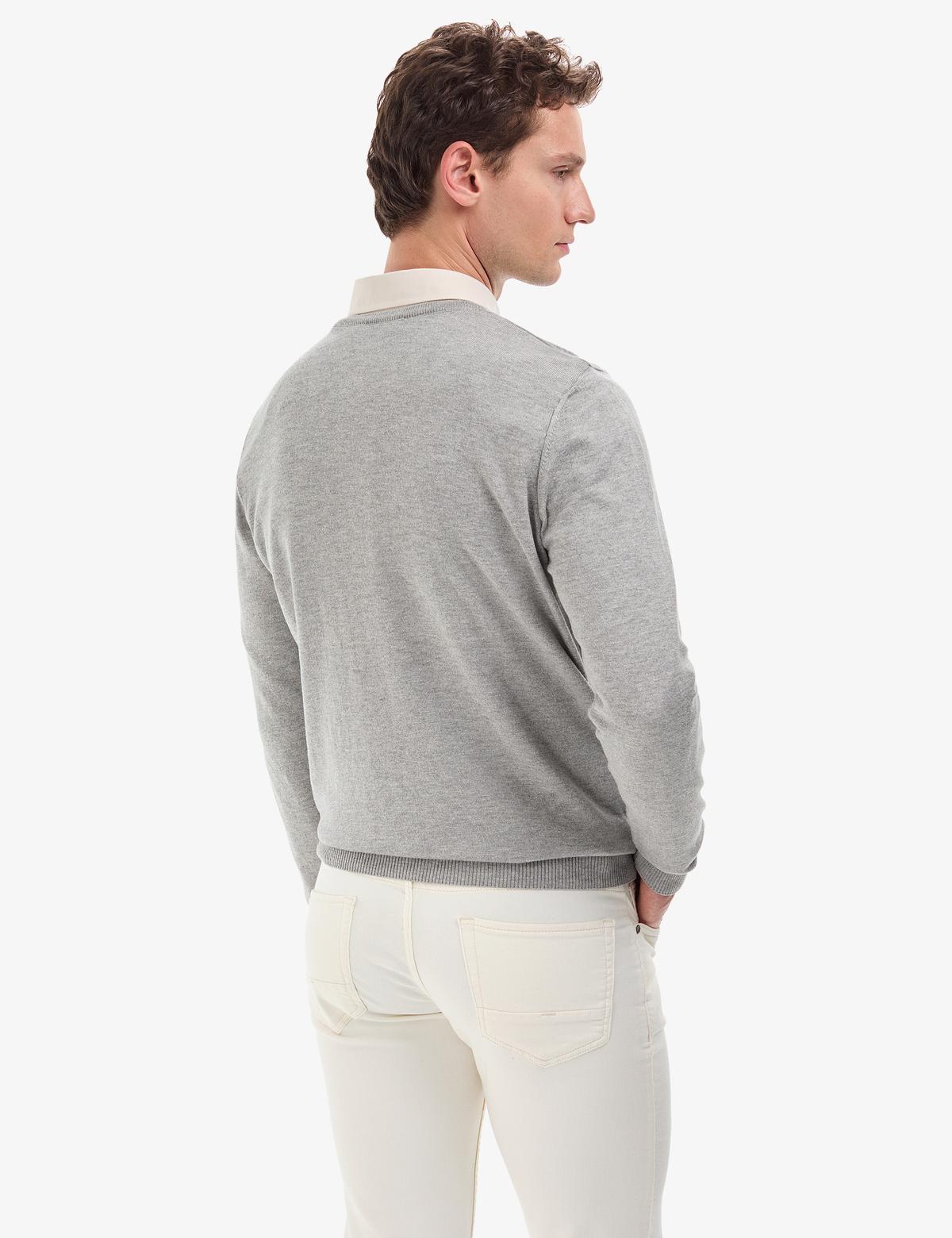 Açık Gri Melanj Slim Fit V Yaka Basic Triko Kazak - 50314190128