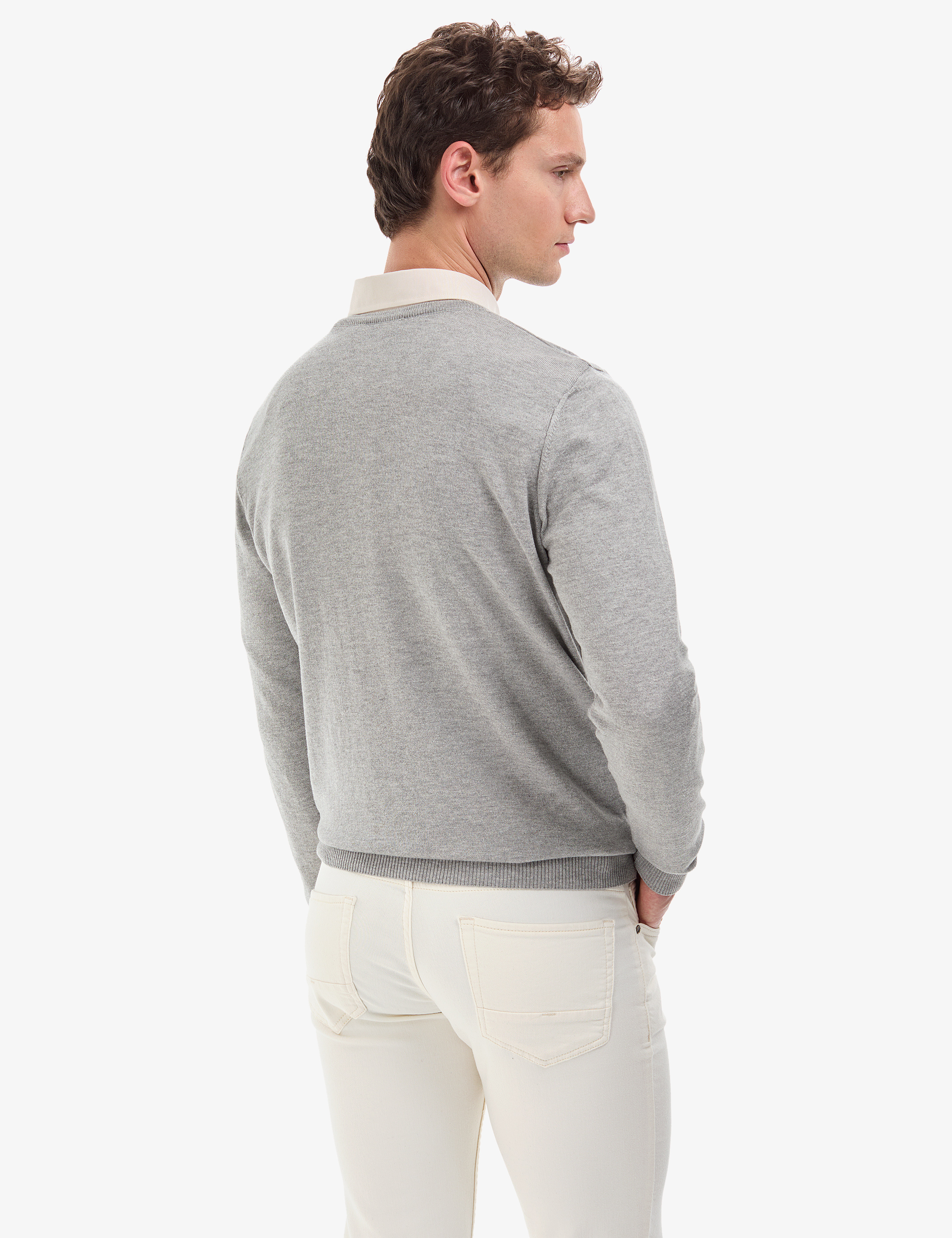 Açık Gri Melanj Slim Fit V Yaka Basic Triko Kazak - Image 6