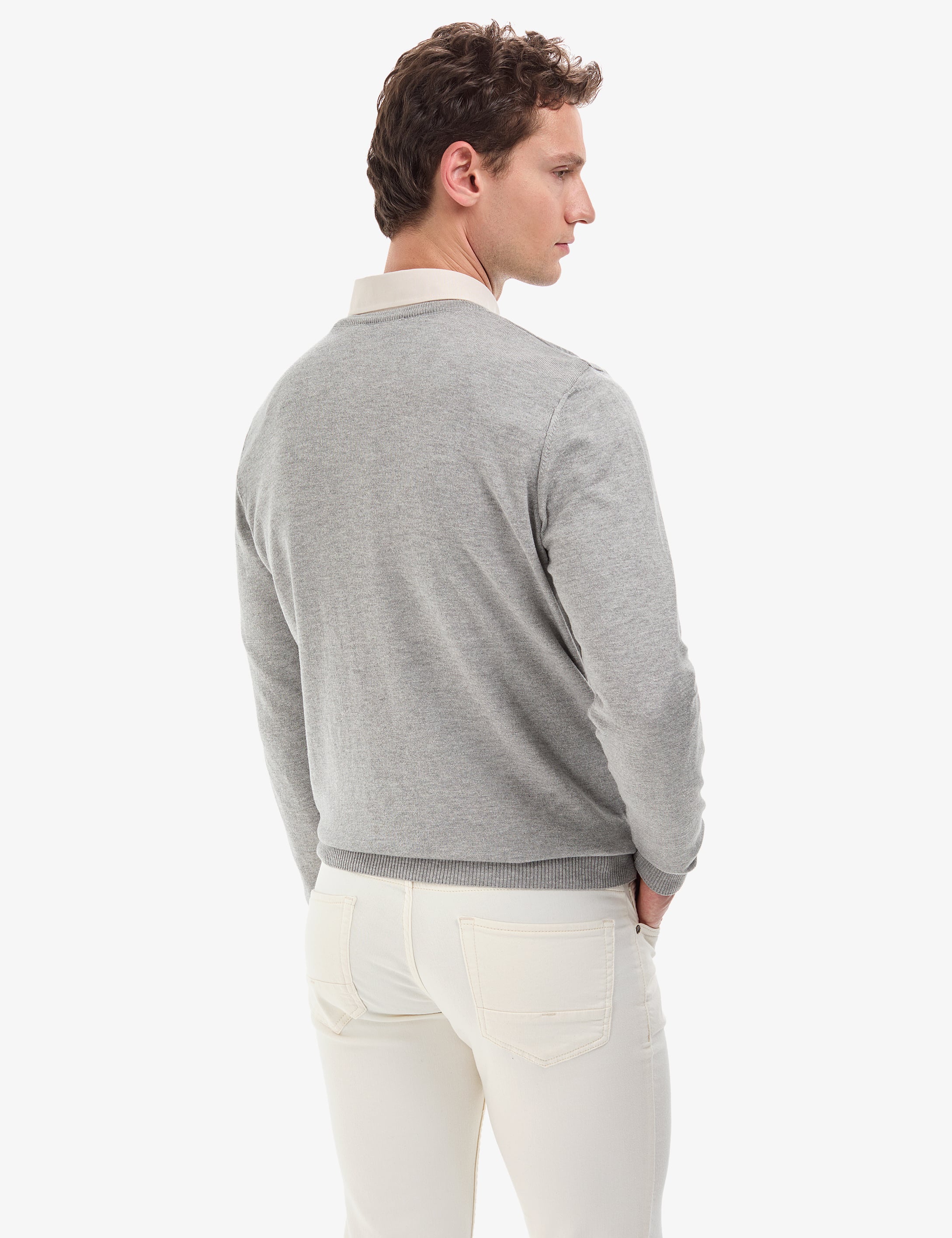 Açık Gri Melanj Slim Fit V Yaka Basic Triko Kazak