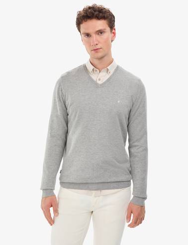 Açık Gri Melanj Slim Fit V Yaka Basic Triko Kazak
