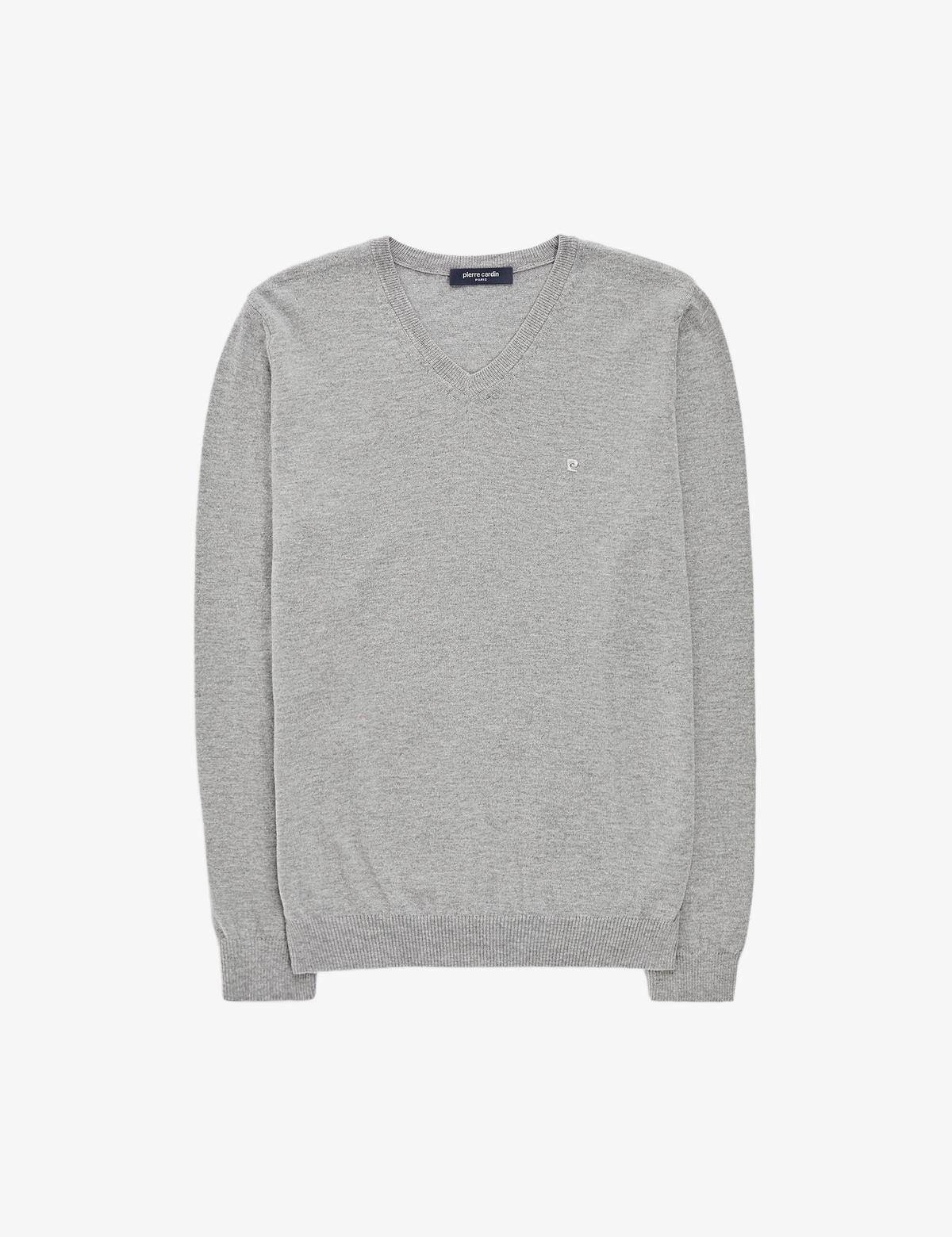 Açık Gri Melanj Slim Fit V Yaka Basic Triko Kazak - 50314190128