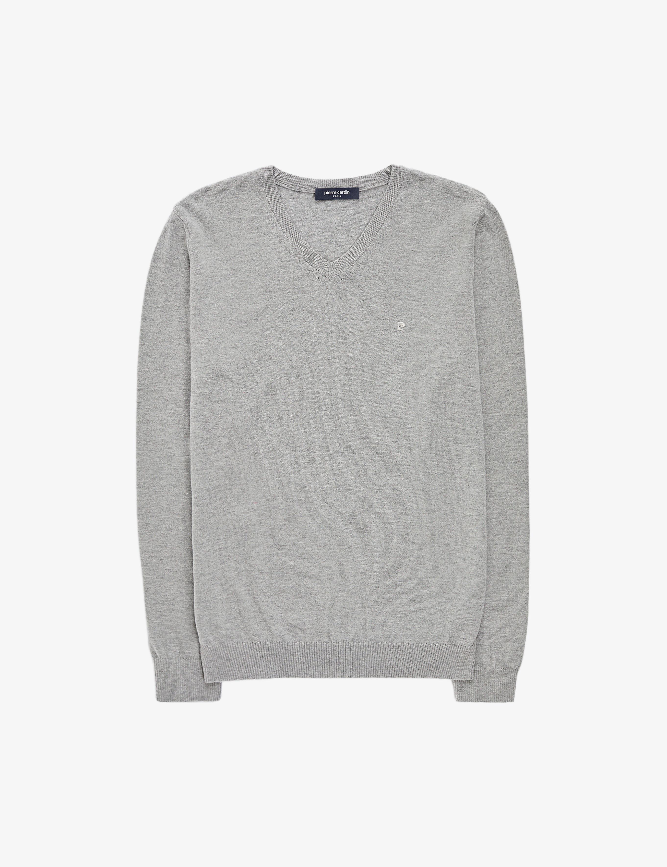 Açık Gri Melanj Slim Fit V Yaka Basic Triko Kazak