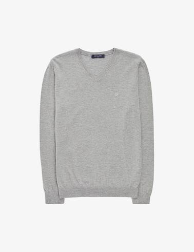 Açık Gri Melanj Slim Fit V Yaka Basic Triko Kazak