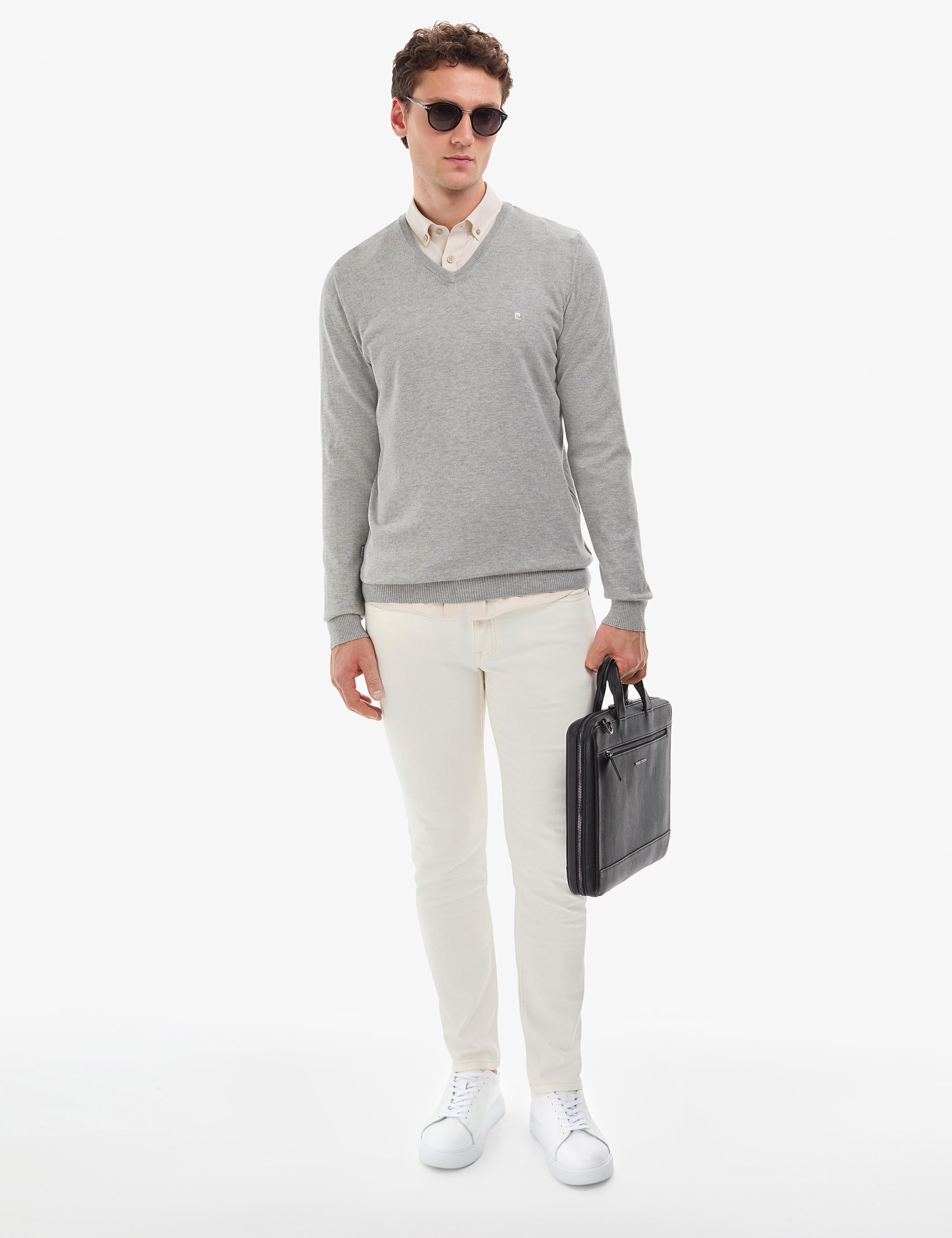 Açık Gri Melanj Slim Fit V Yaka Basic Triko Kazak