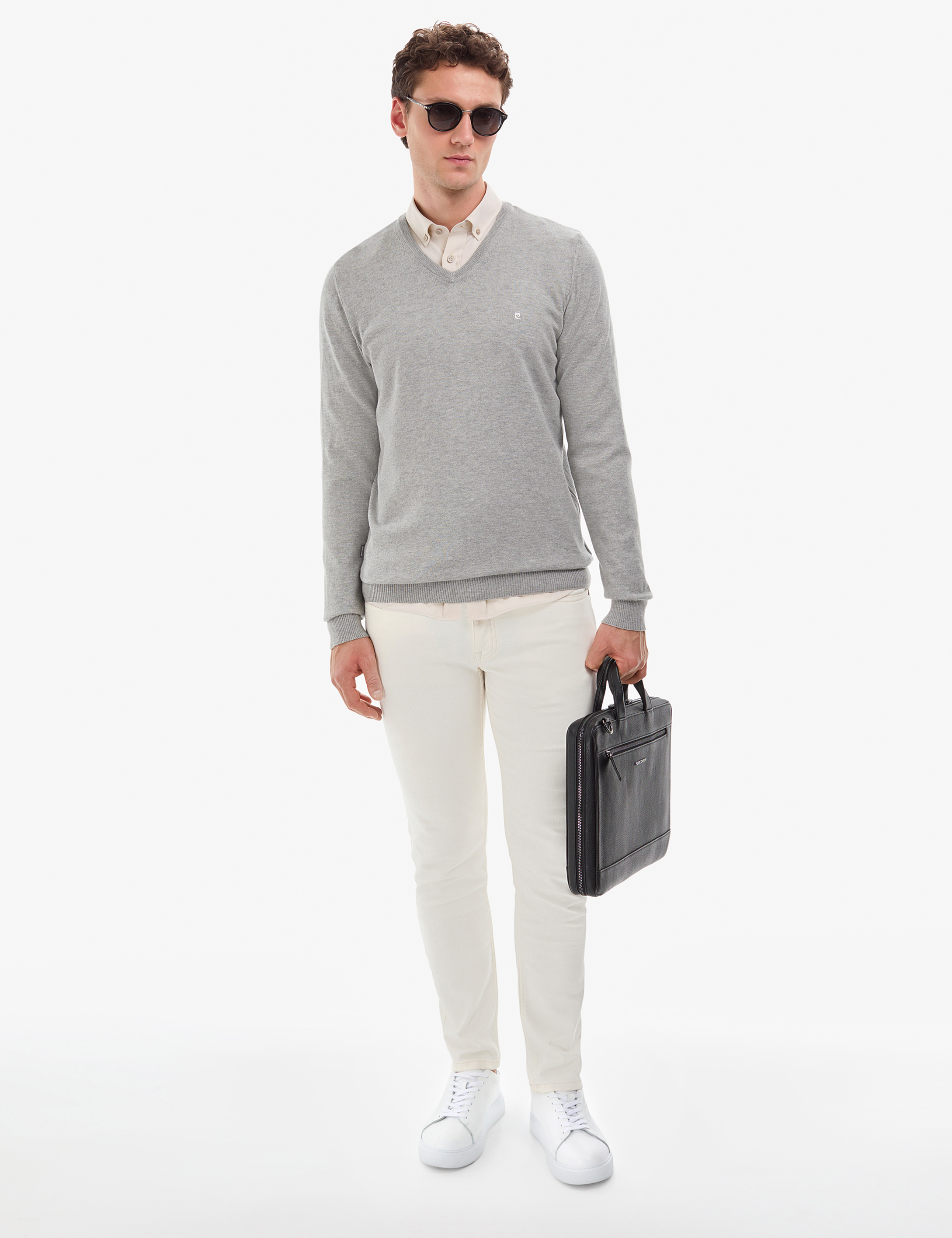 Açık Gri Melanj Slim Fit V Yaka Basic Triko Kazak - Image 5