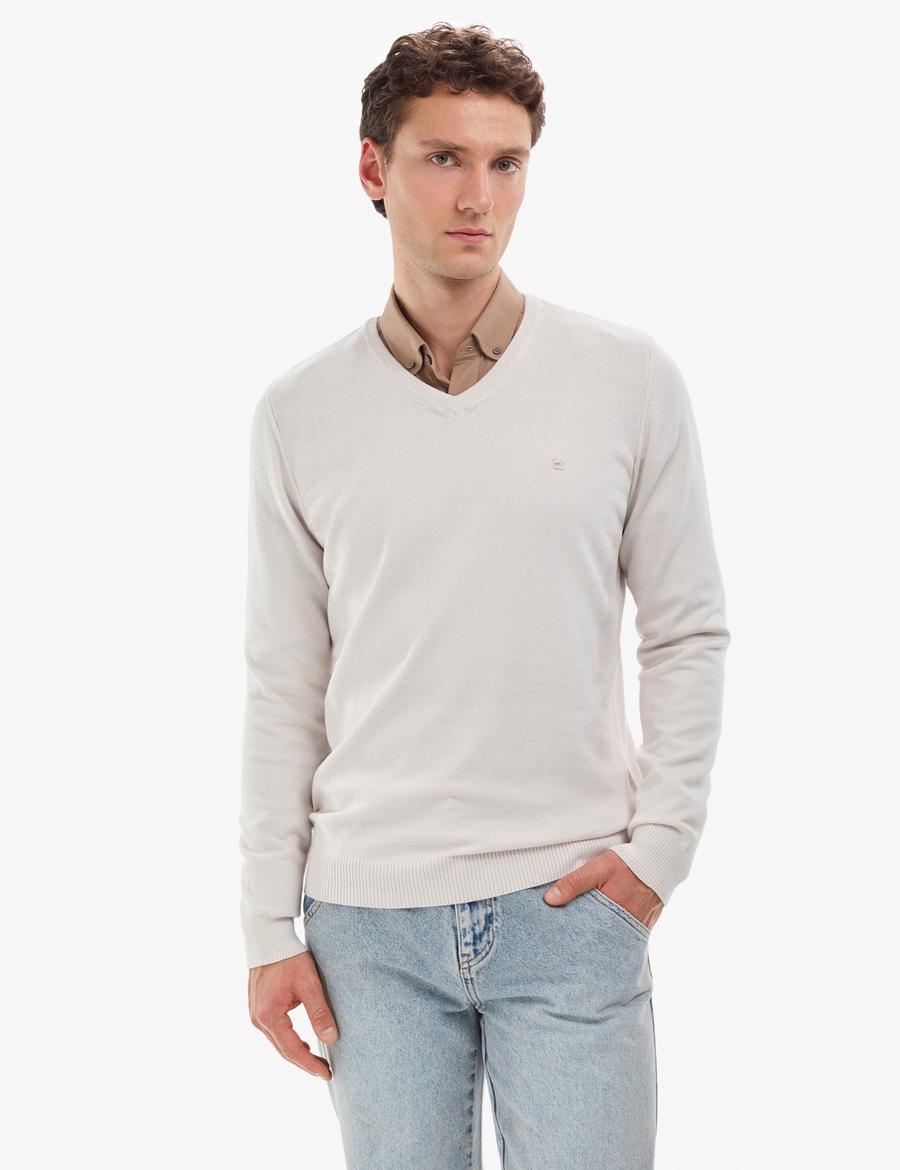 Taş Slim Fit V Yaka Basic Triko Kazak