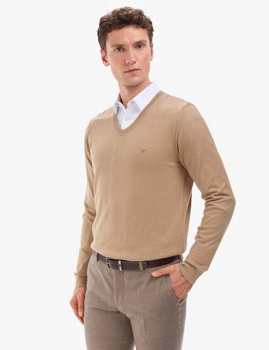 Camel Slim Fit V Yaka Basic Triko Kazak