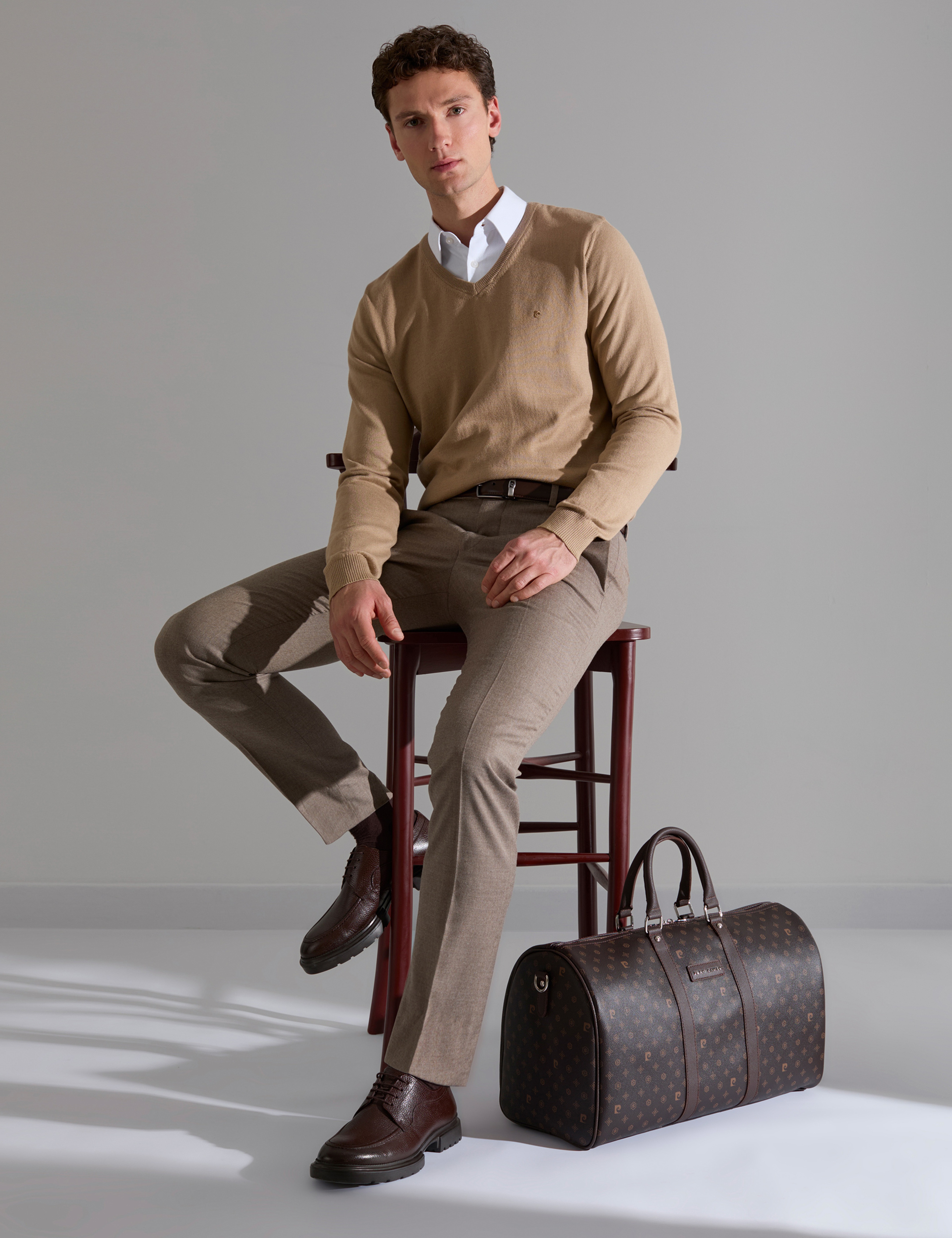 Camel Slim Fit V Yaka Basic Triko Kazak - Image 1