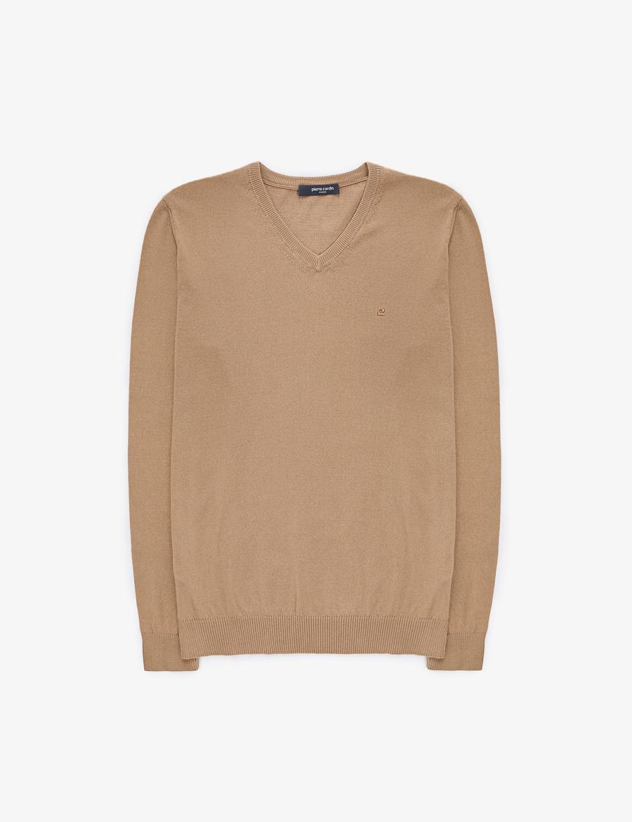 Camel Slim Fit V Yaka Basic Triko Kazak