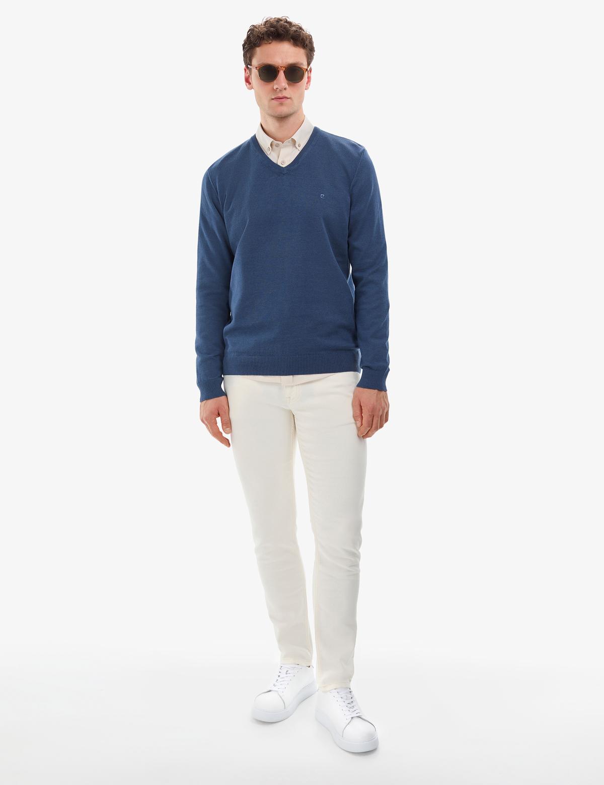 İndigo Melanj Slim Fit V Yaka Basic Triko Kazak - 50314190021