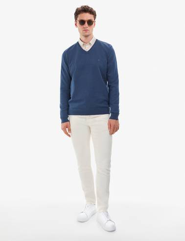 İndigo Melanj Slim Fit V Yaka Basic Triko Kazak