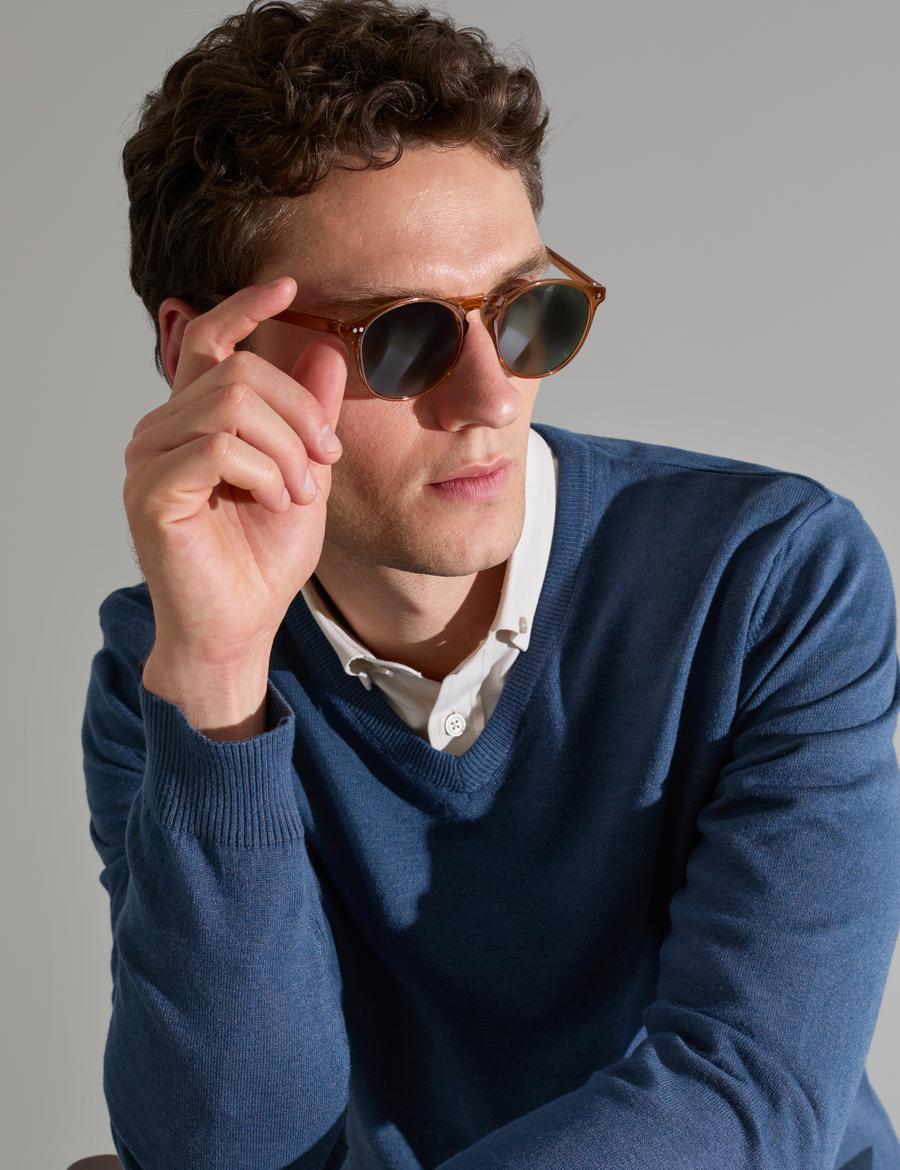 İndigo Melanj Slim Fit V Yaka Basic Triko Kazak