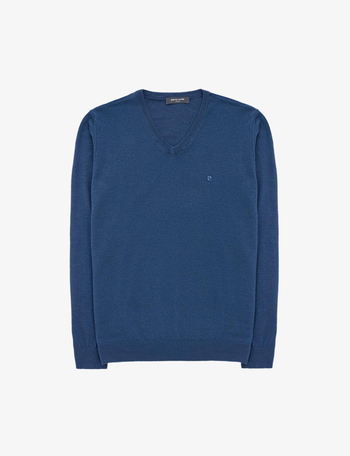 İndigo Melanj Slim Fit V Yaka Basic Triko Kazak - 50314190021