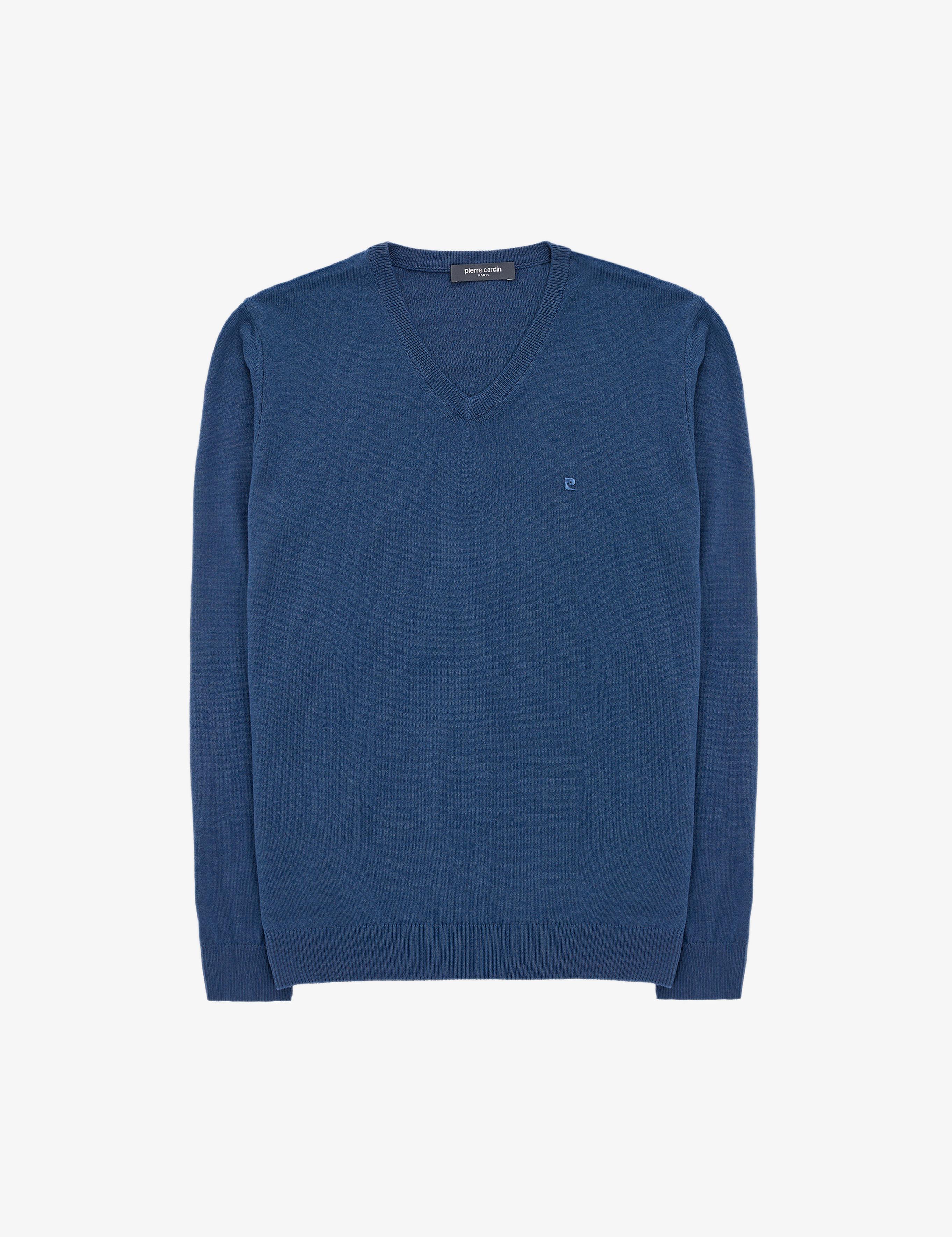 İndigo Melanj Slim Fit V Yaka Basic Triko Kazak