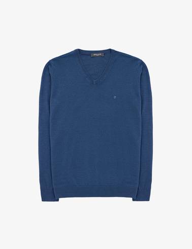 İndigo Melanj Slim Fit V Yaka Basic Triko Kazak