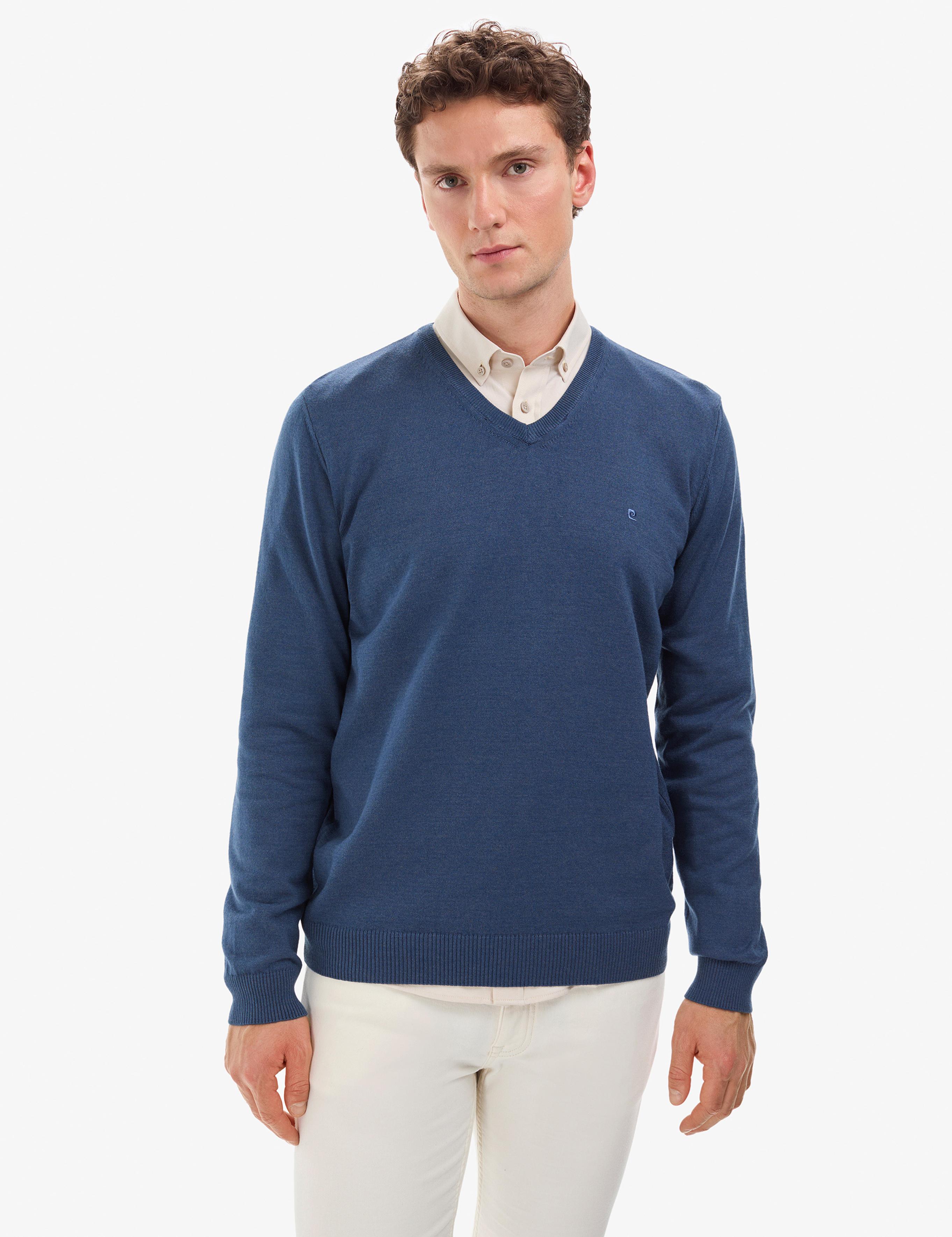 İndigo Melanj Slim Fit V Yaka Basic Triko Kazak