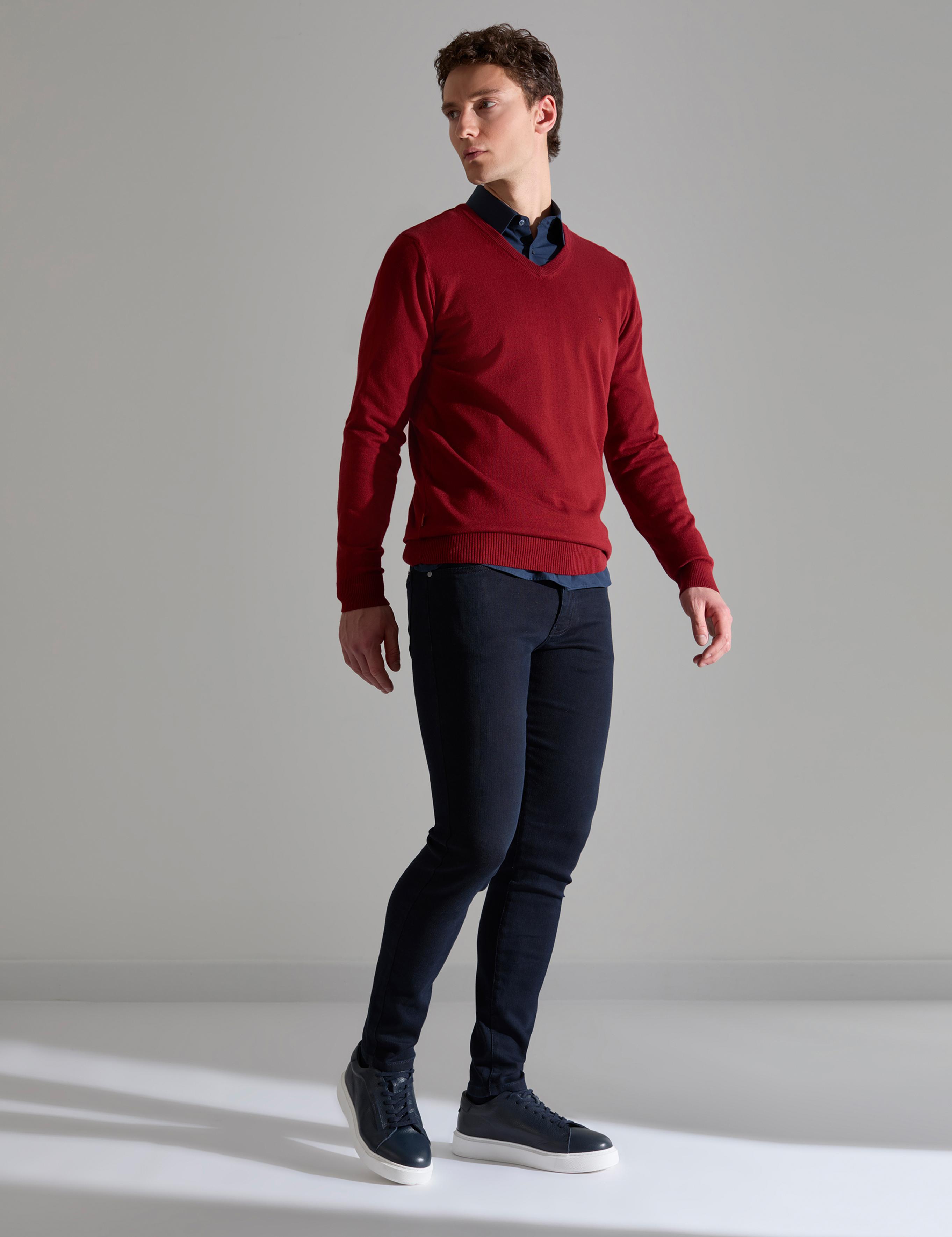 Kiremit Slim Fit V Yaka Basic Triko Kazak