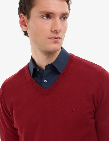 Kiremit Slim Fit V Yaka Basic Triko Kazak