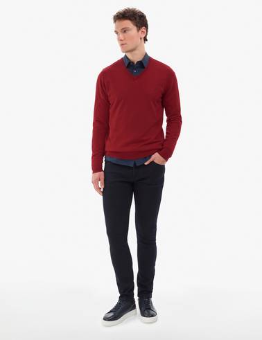 Kiremit Slim Fit V Yaka Basic Triko Kazak