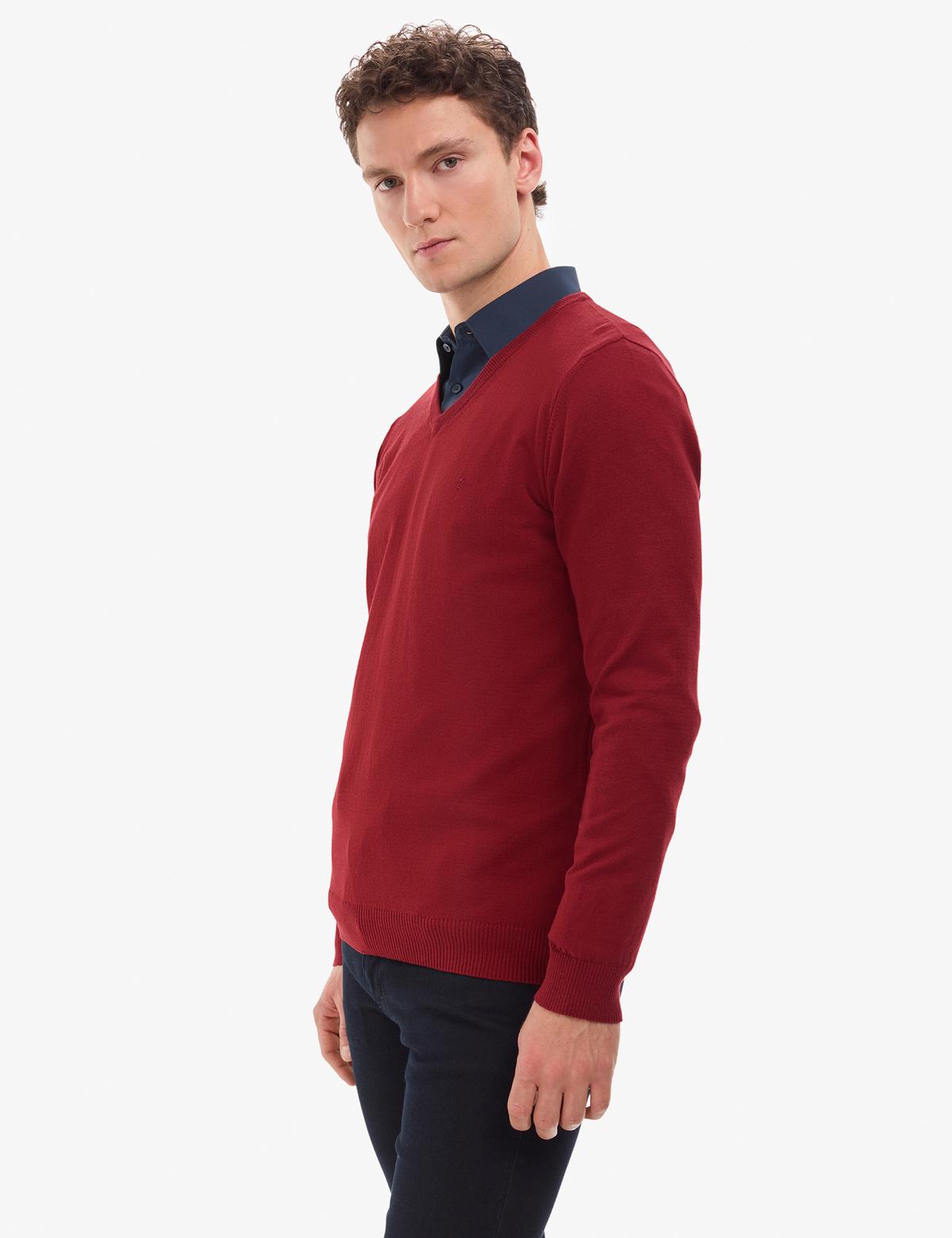 Kiremit Slim Fit V Yaka Basic Triko Kazak - 50314190093