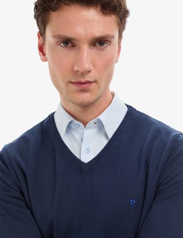 Açık Lacivert Slim Fit V Yaka Basic Triko Kazak