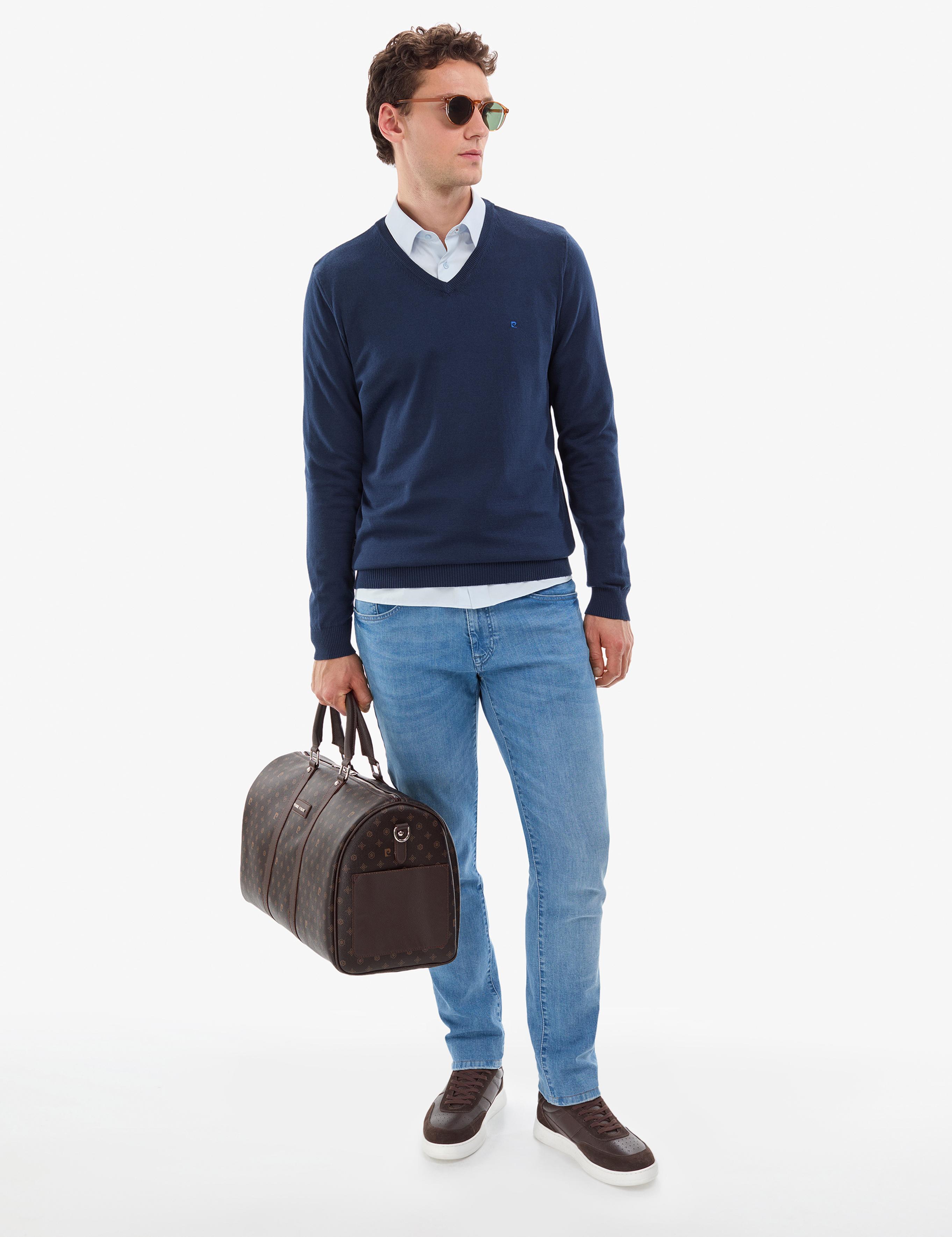 Açık Lacivert Slim Fit V Yaka Basic Triko Kazak