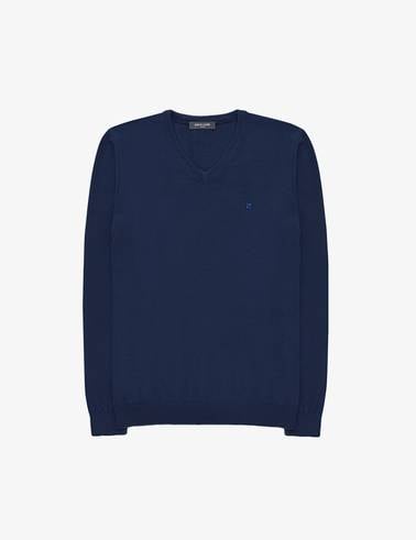 Açık Lacivert Slim Fit V Yaka Basic Triko Kazak