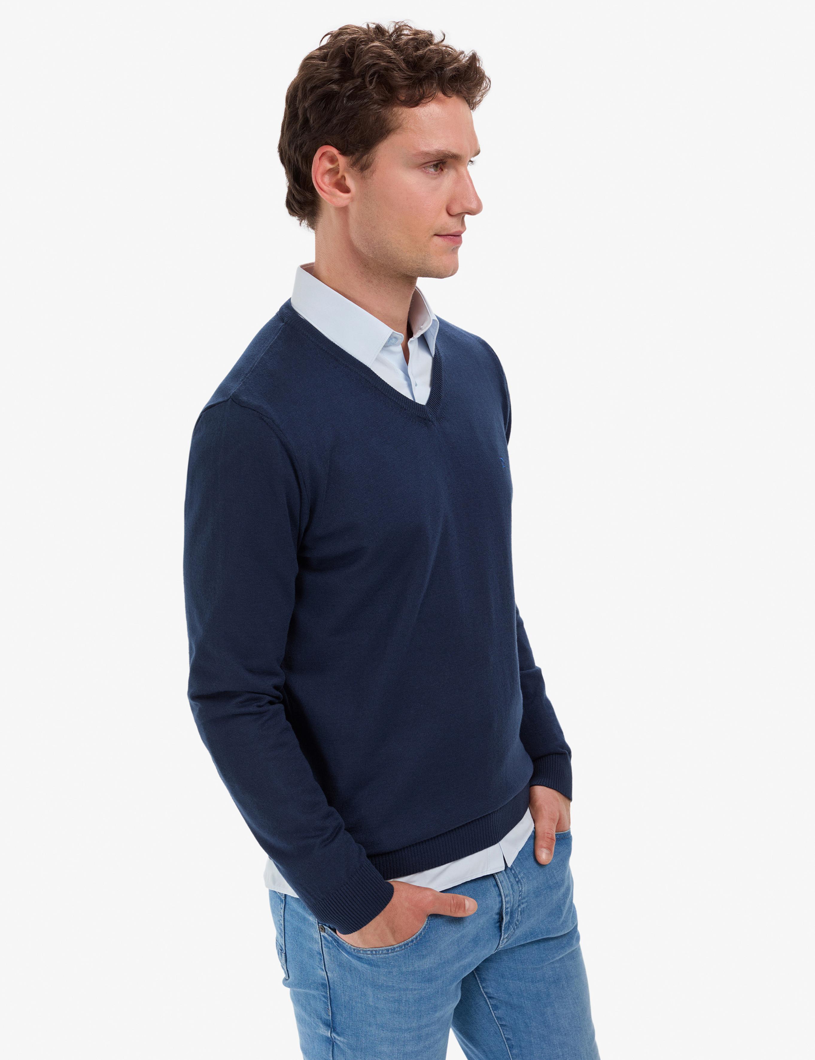 Açık Lacivert Slim Fit V Yaka Basic Triko Kazak