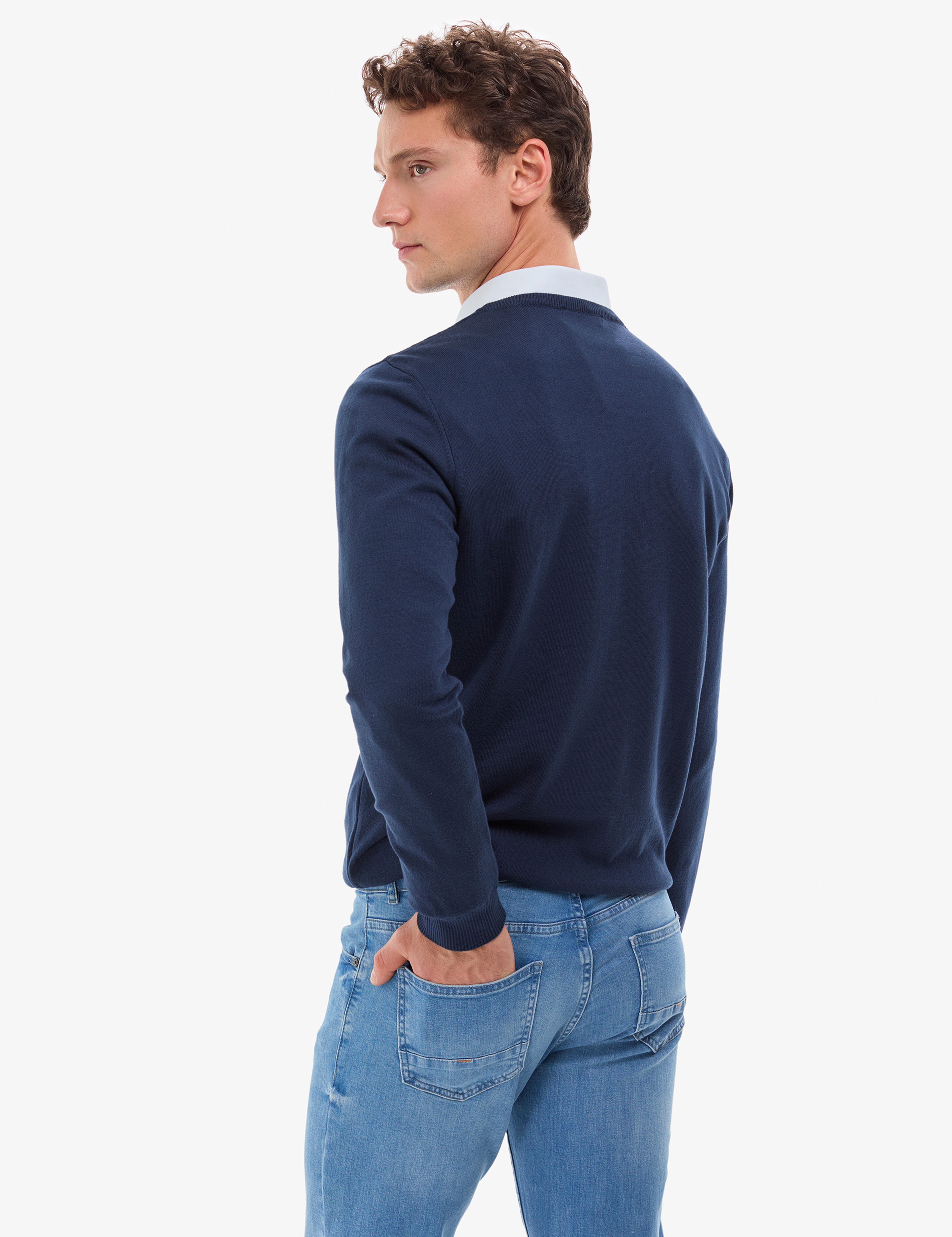 Açık Lacivert Slim Fit V Yaka Basic Triko Kazak - Image 6