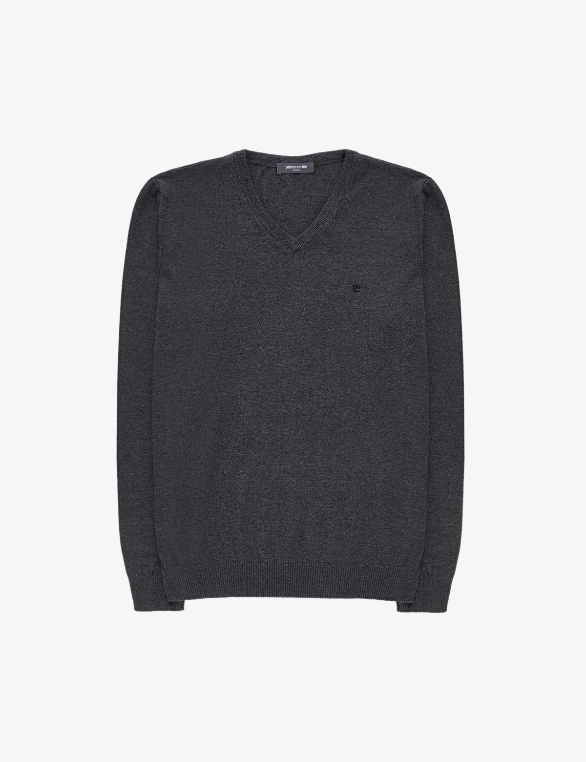 Antrasit Melanj Slim Fit V Yaka Basic Triko Kazak - 50314190067