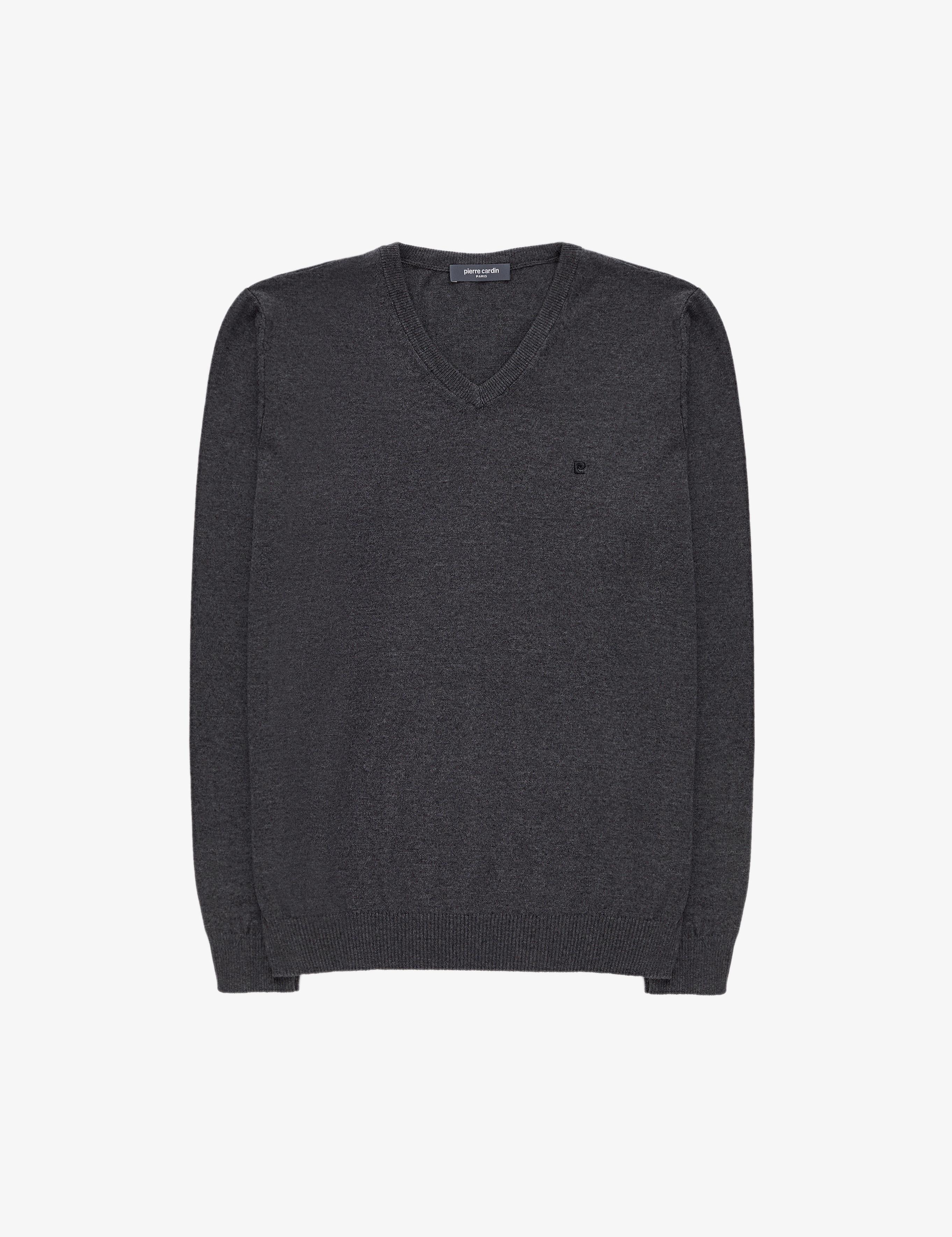 Antrasit Melanj Slim Fit V Yaka Basic Triko Kazak