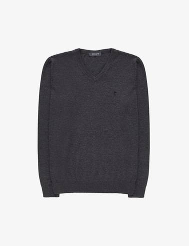 Antrasit Melanj Slim Fit V Yaka Basic Triko Kazak