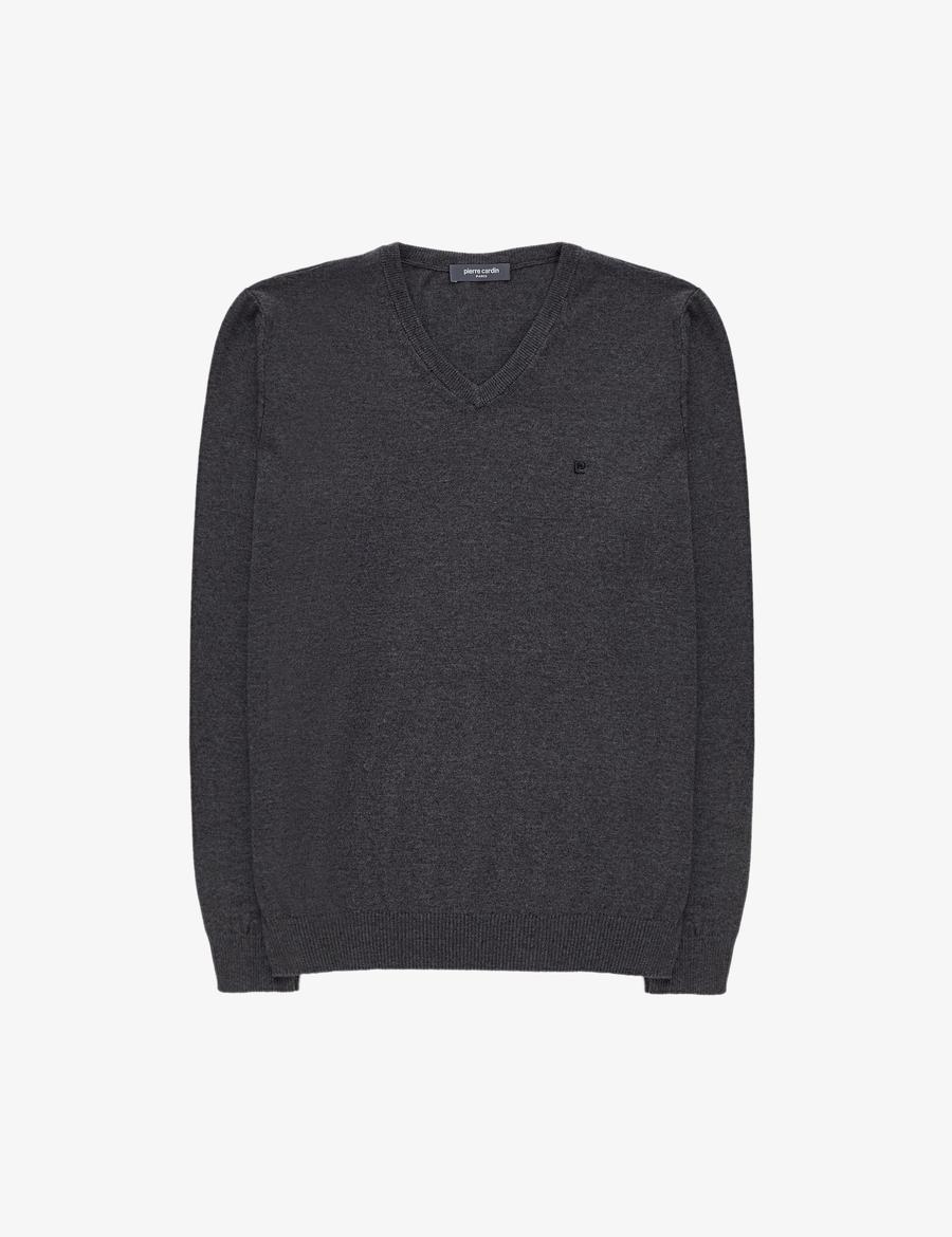 Antrasit Melanj Slim Fit V Yaka Basic Triko Kazak