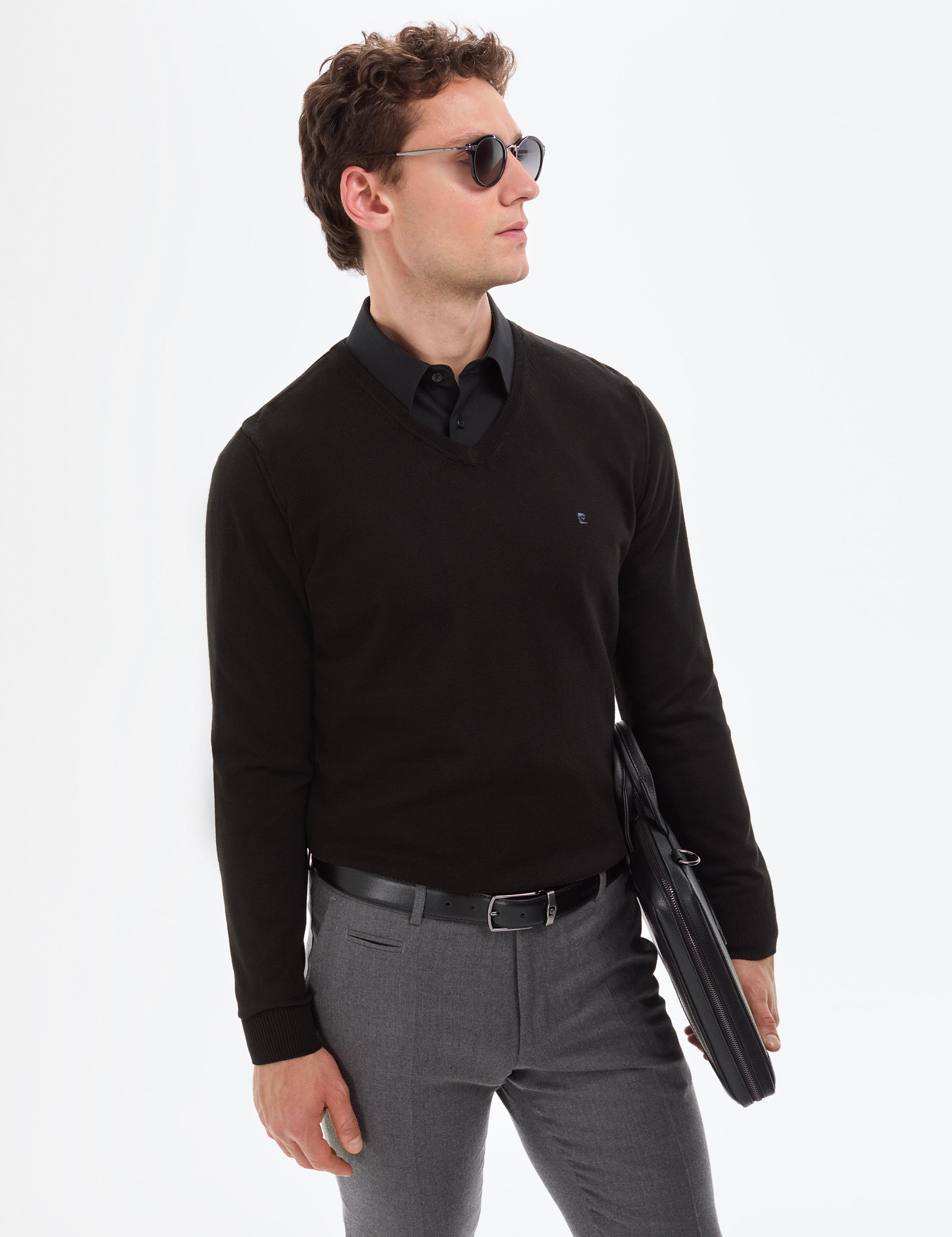 Siyah Slim Fit V Yaka Basic Triko Kazak