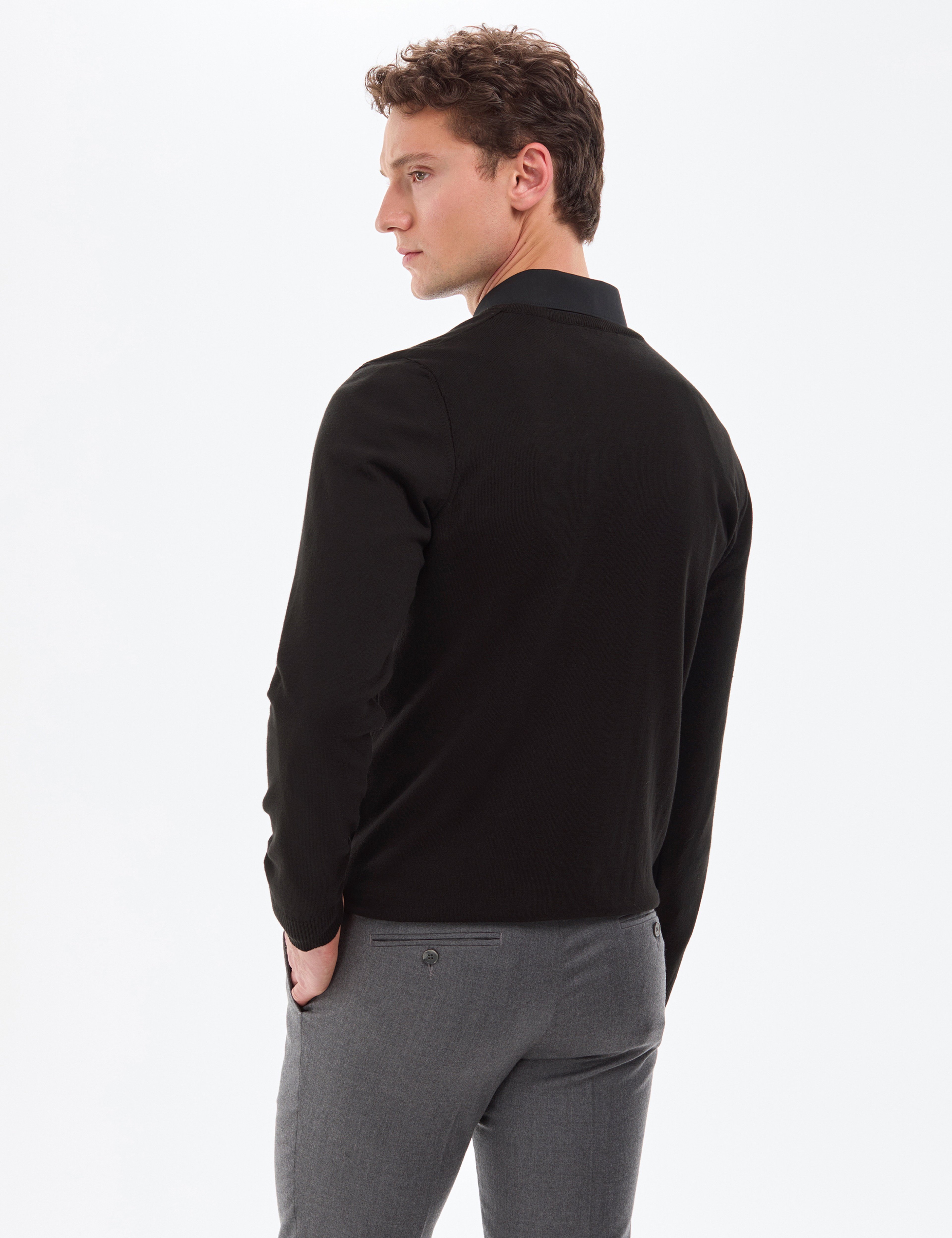 Siyah Slim Fit V Yaka Basic Triko Kazak - Image 6