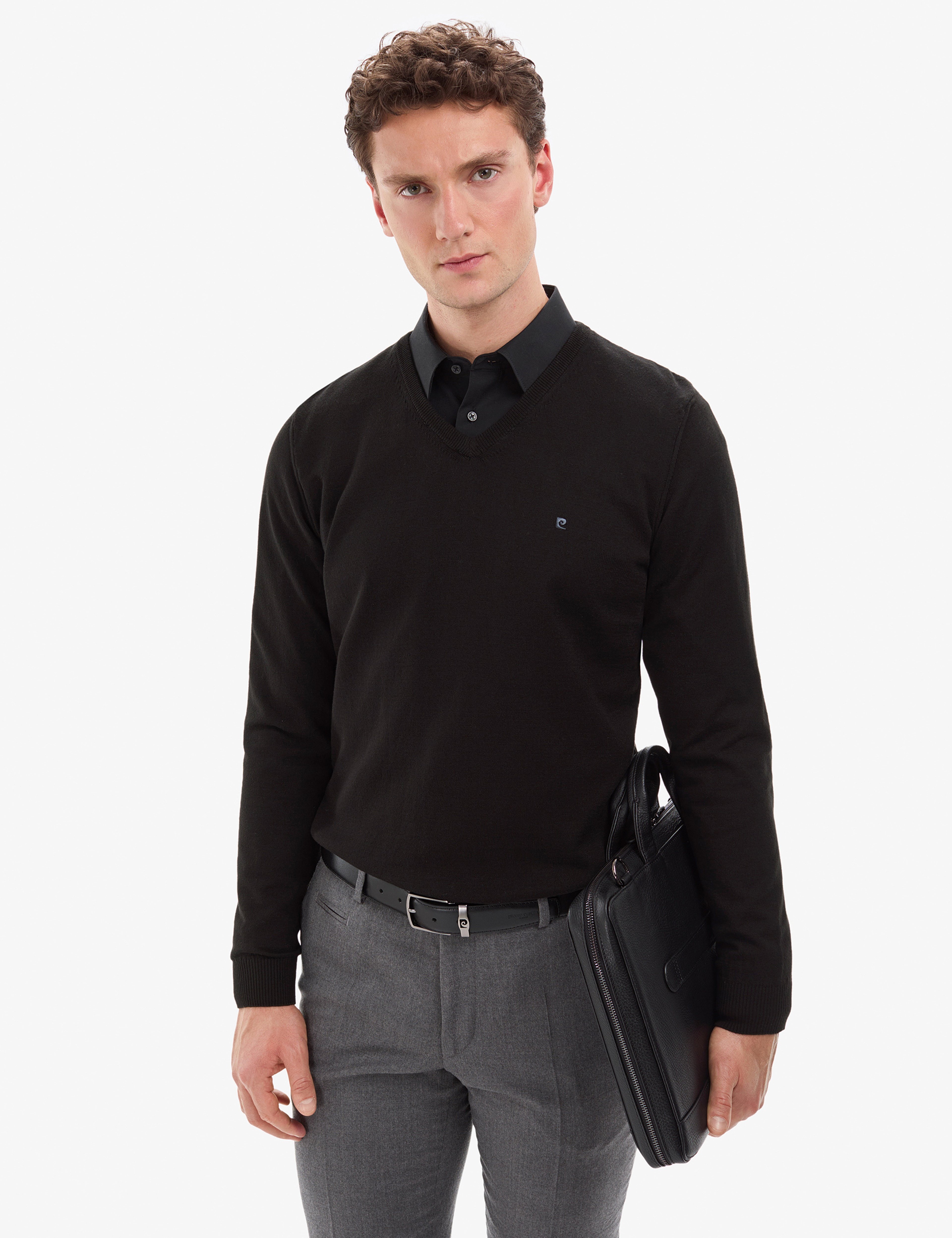 Siyah Slim Fit V Yaka Basic Triko Kazak - Image 2