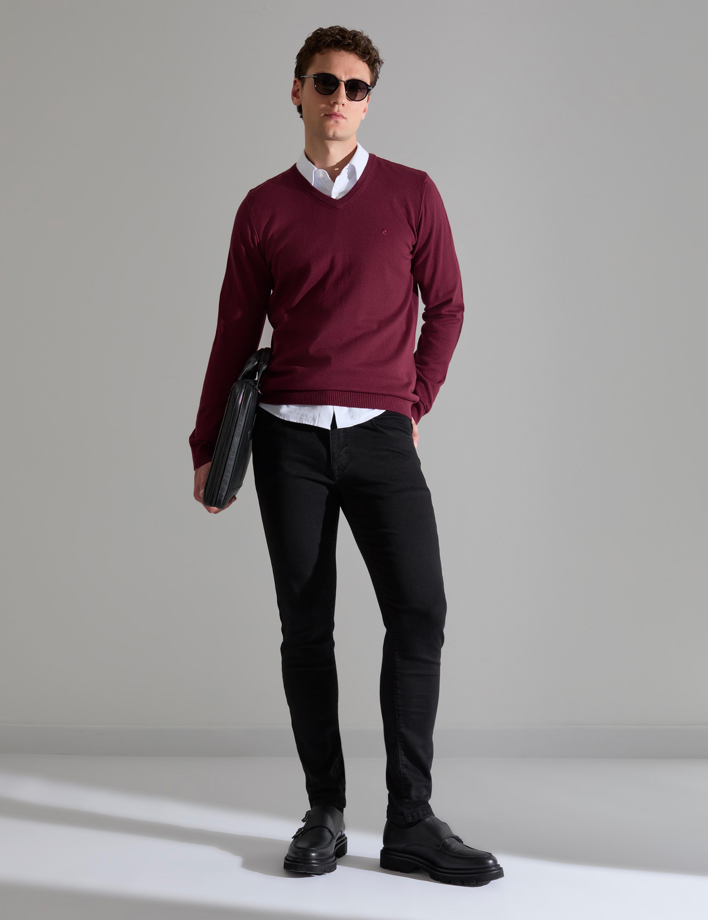 Koyu Bordo Slim Fit V Yaka Basic Triko Kazak