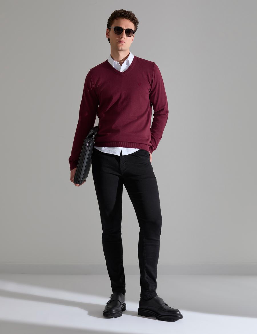 Koyu Bordo Slim Fit V Yaka Basic Triko Kazak