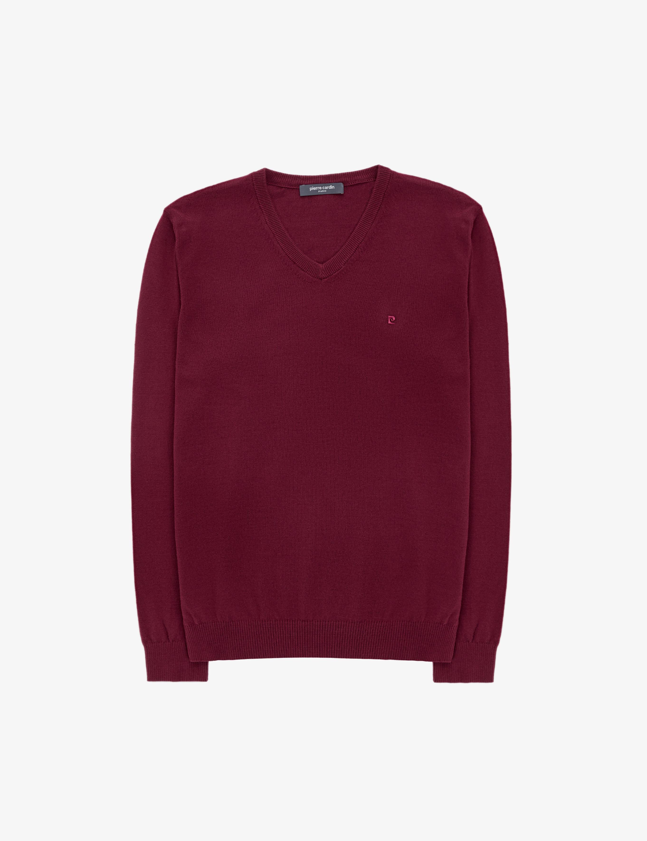 Koyu Bordo Slim Fit V Yaka Basic Triko Kazak