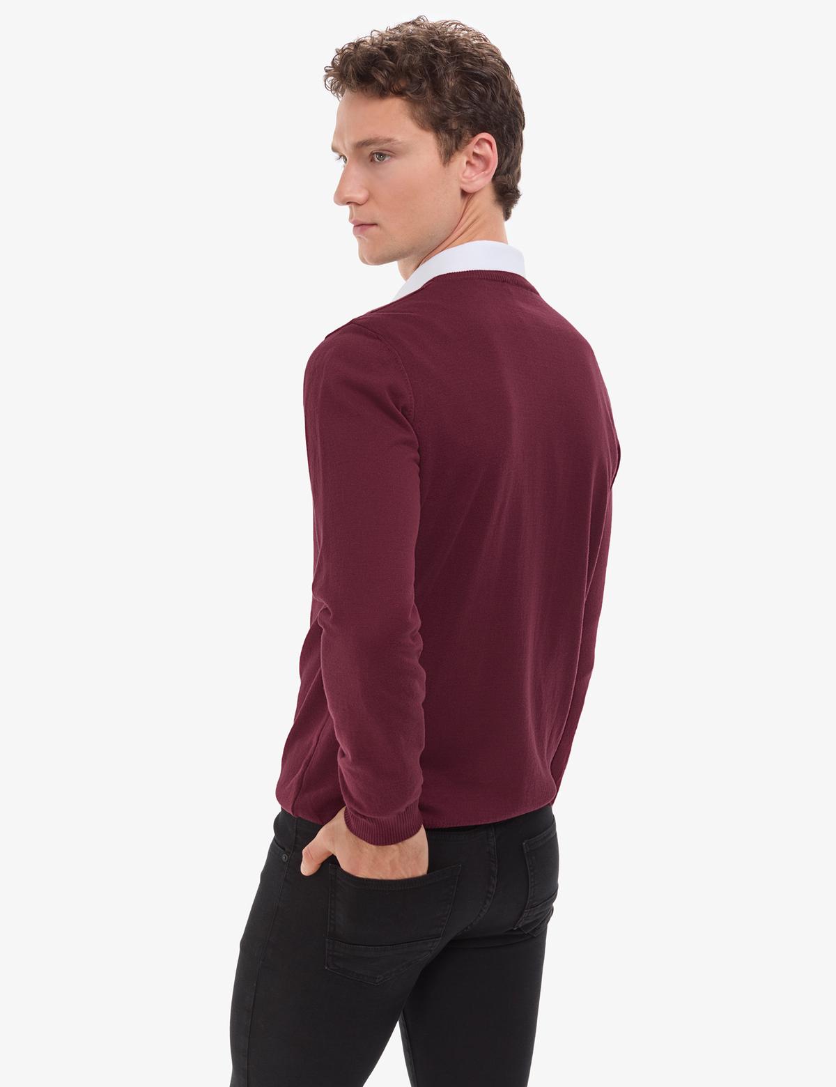 Koyu Bordo Slim Fit V Yaka Basic Triko Kazak - 50314190106
