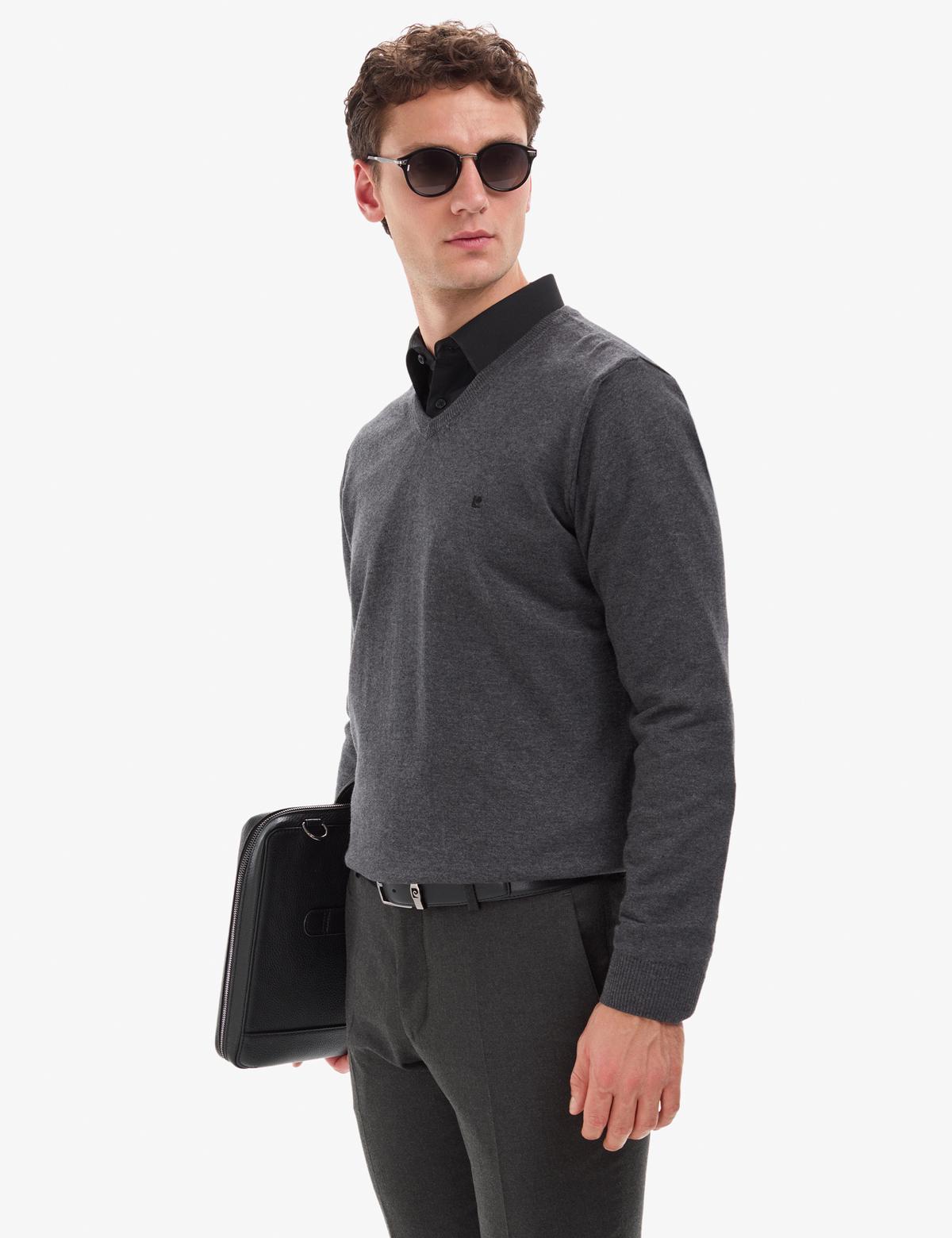 Antrasit Melanj Slim Fit V Yaka Basic Triko Kazak - 50314190067