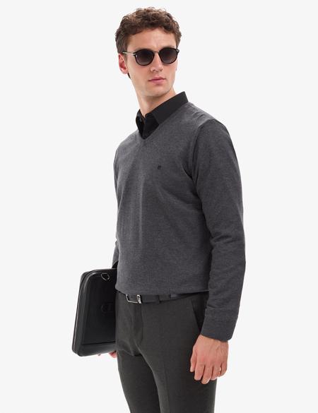 Antrasit Melanj Slim Fit V Yaka Basic Triko Kazak - 50314190067