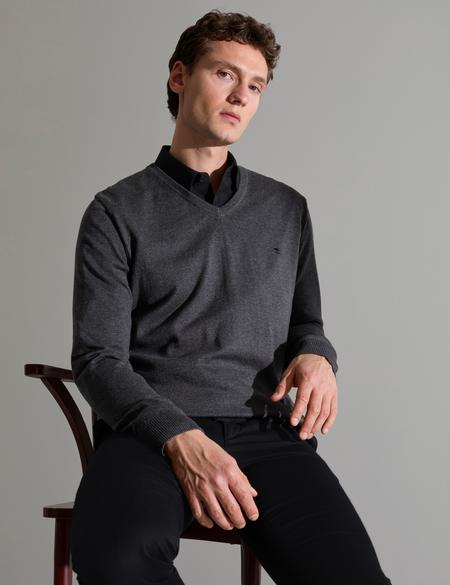 Antrasit Melanj Slim Fit V Yaka Basic Triko Kazak - 50314190067