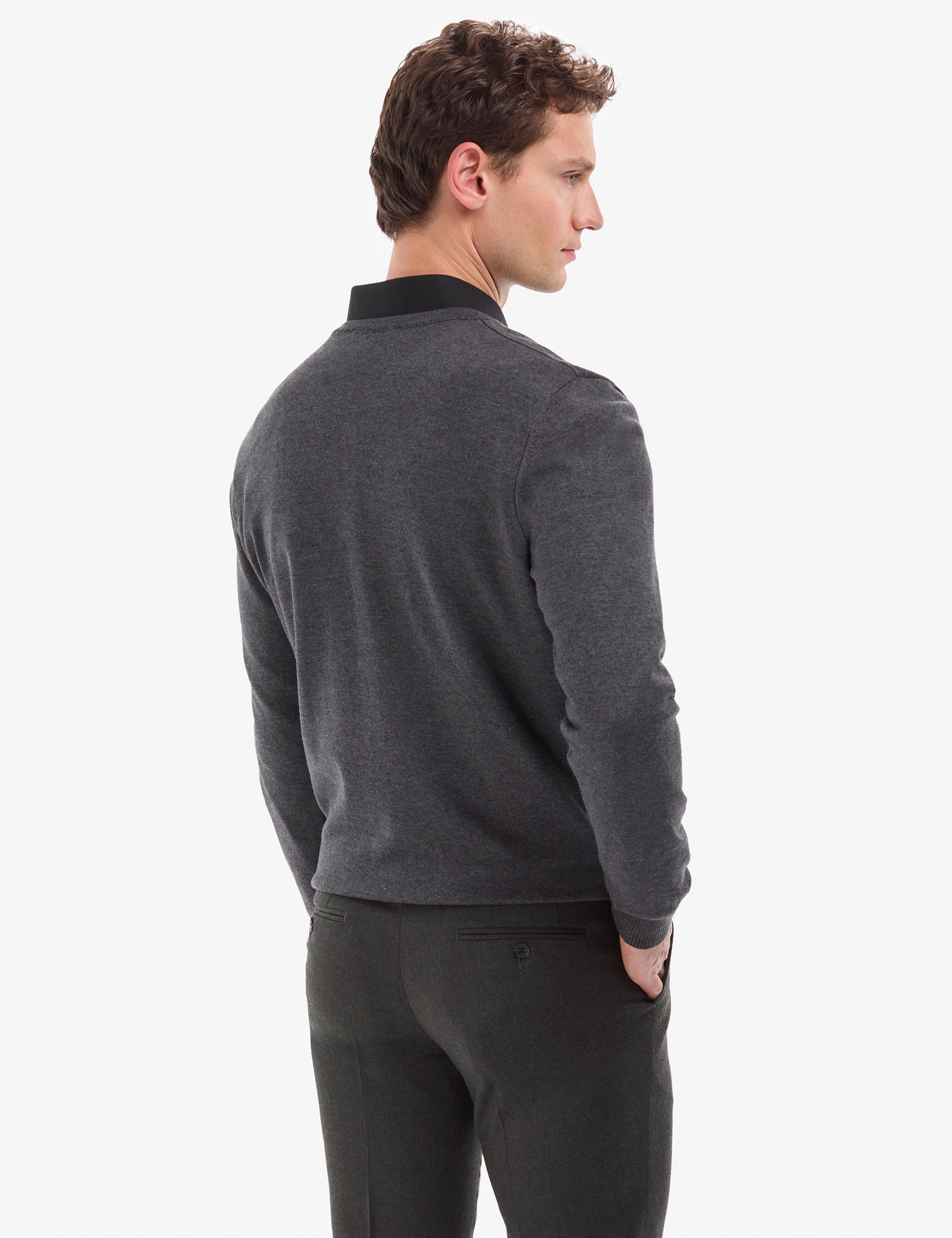 Antrasit Melanj Slim Fit V Yaka Basic Triko Kazak - Image 6