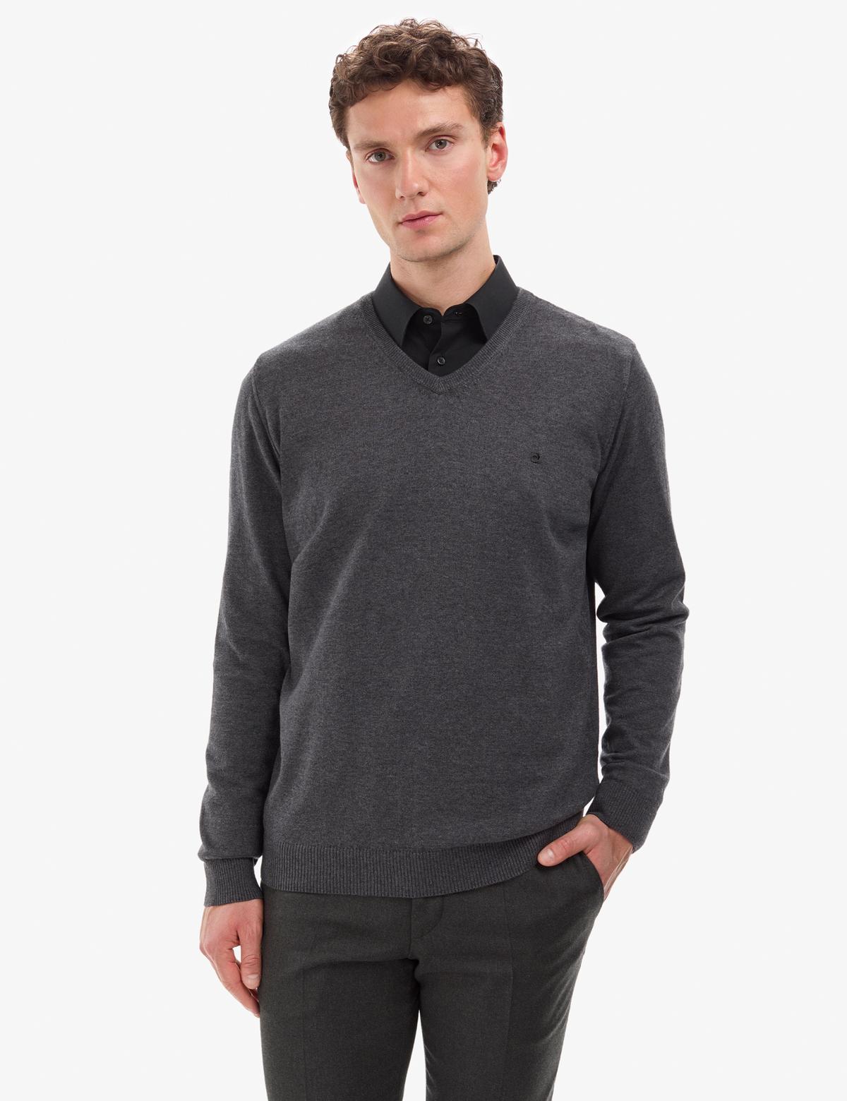 Antrasit Melanj Slim Fit V Yaka Basic Triko Kazak - 50314190067