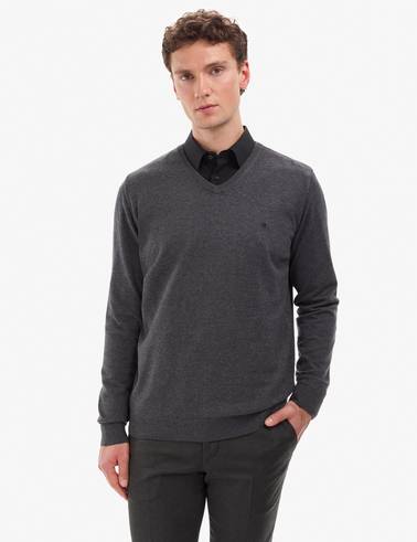 Antrasit Melanj Slim Fit V Yaka Basic Triko Kazak
