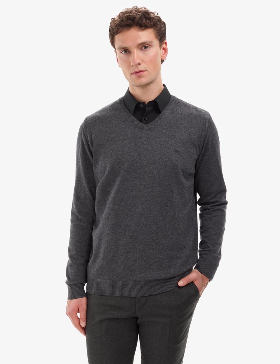 Antrasit Melanj Slim Fit V Yaka Basic Triko Kazak